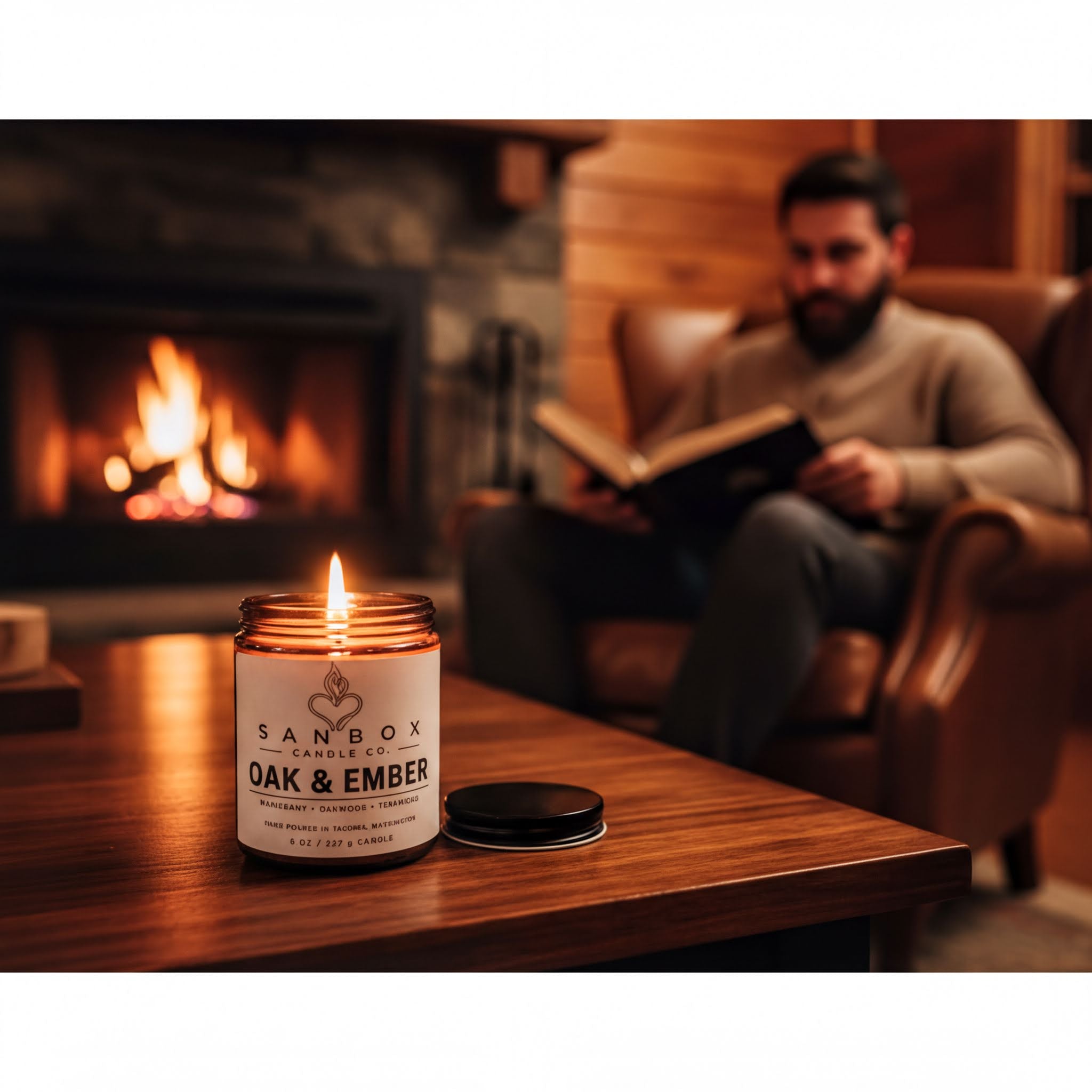 a lit candle in a jar on a wooden table, with a man sitting in a chair and reading a book in the background.