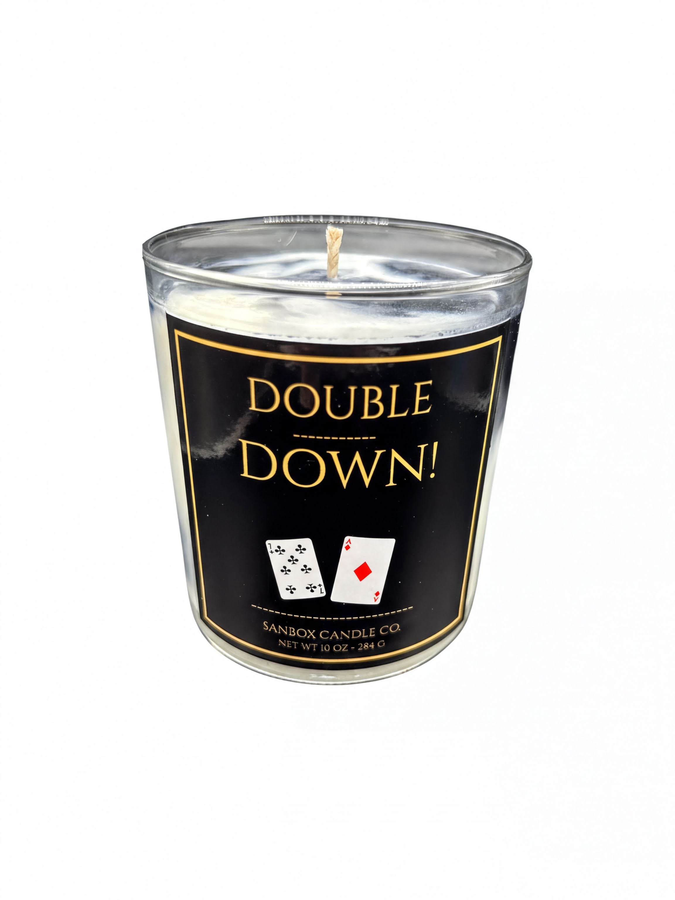 a candle labeled "Double Down!" with playing cards and a candle wick.