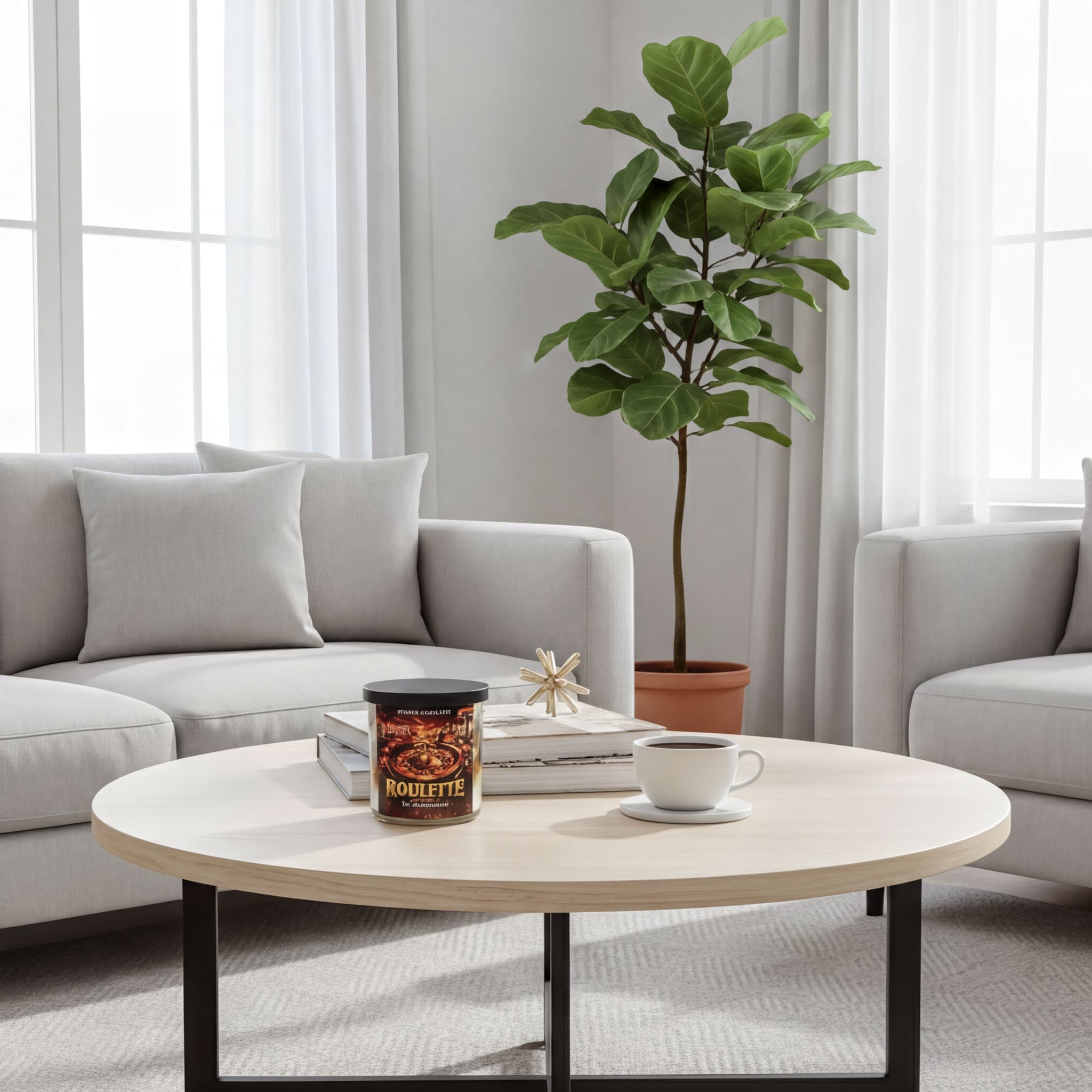 A cozy living room with a round coffee table in the center, featuring a candle, a book, and a cup of coffee. The room is decorated with a gray sofa, a potted plant, and a large window with white curtains.