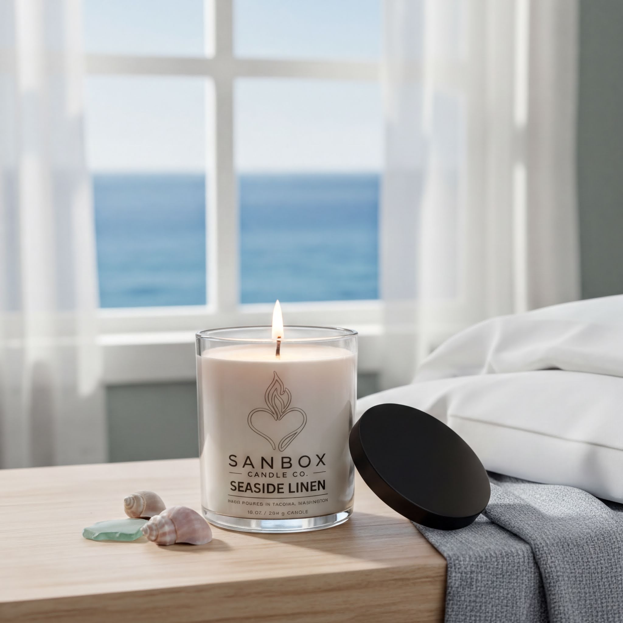 A lit candle in a glass container sits on a wooden table, with a black lid and a white pillow nearby. The candle has a label that reads "SANBOX SEASIDE LINEN" and "10 OZ (2.4 US GAL)".