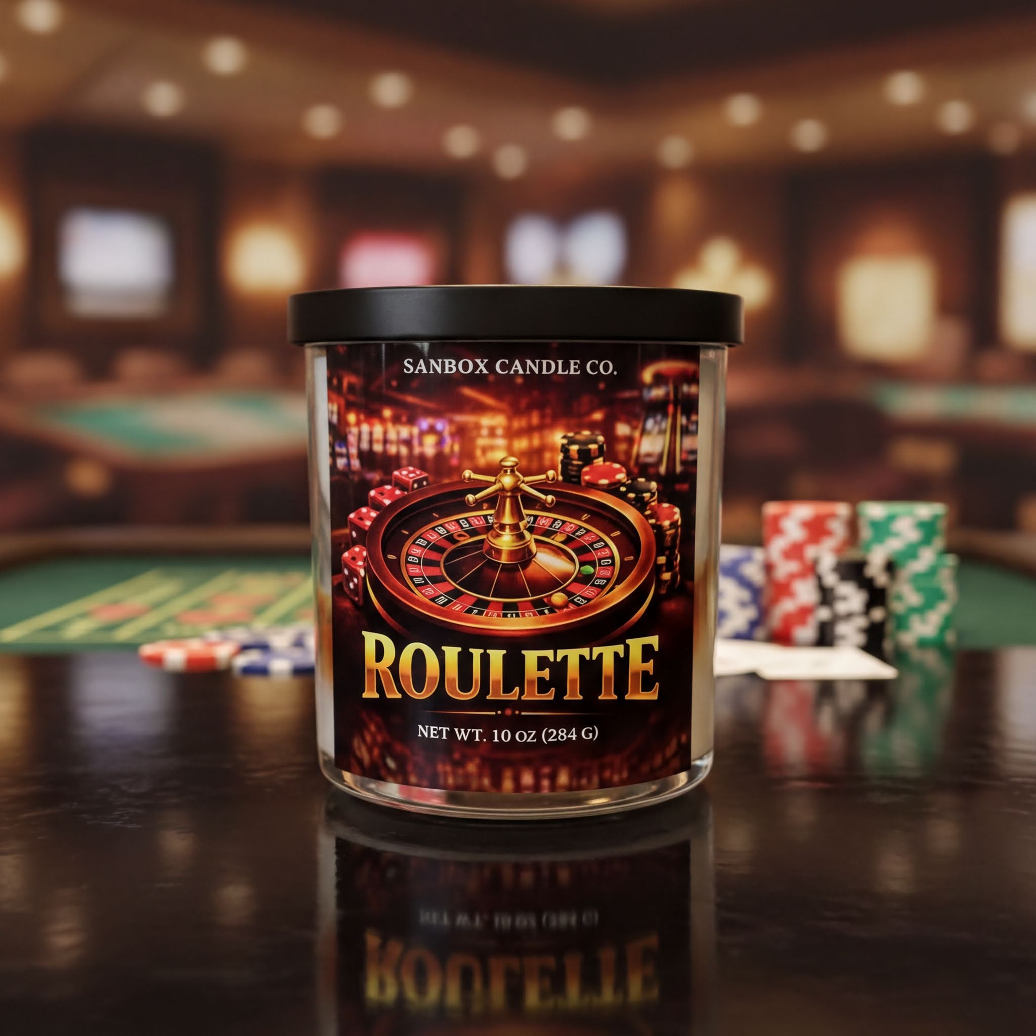 A candle labeled "Roulette" is displayed on a table with poker chips and a roulette wheel in the background, suggesting a casino or poker room setting.