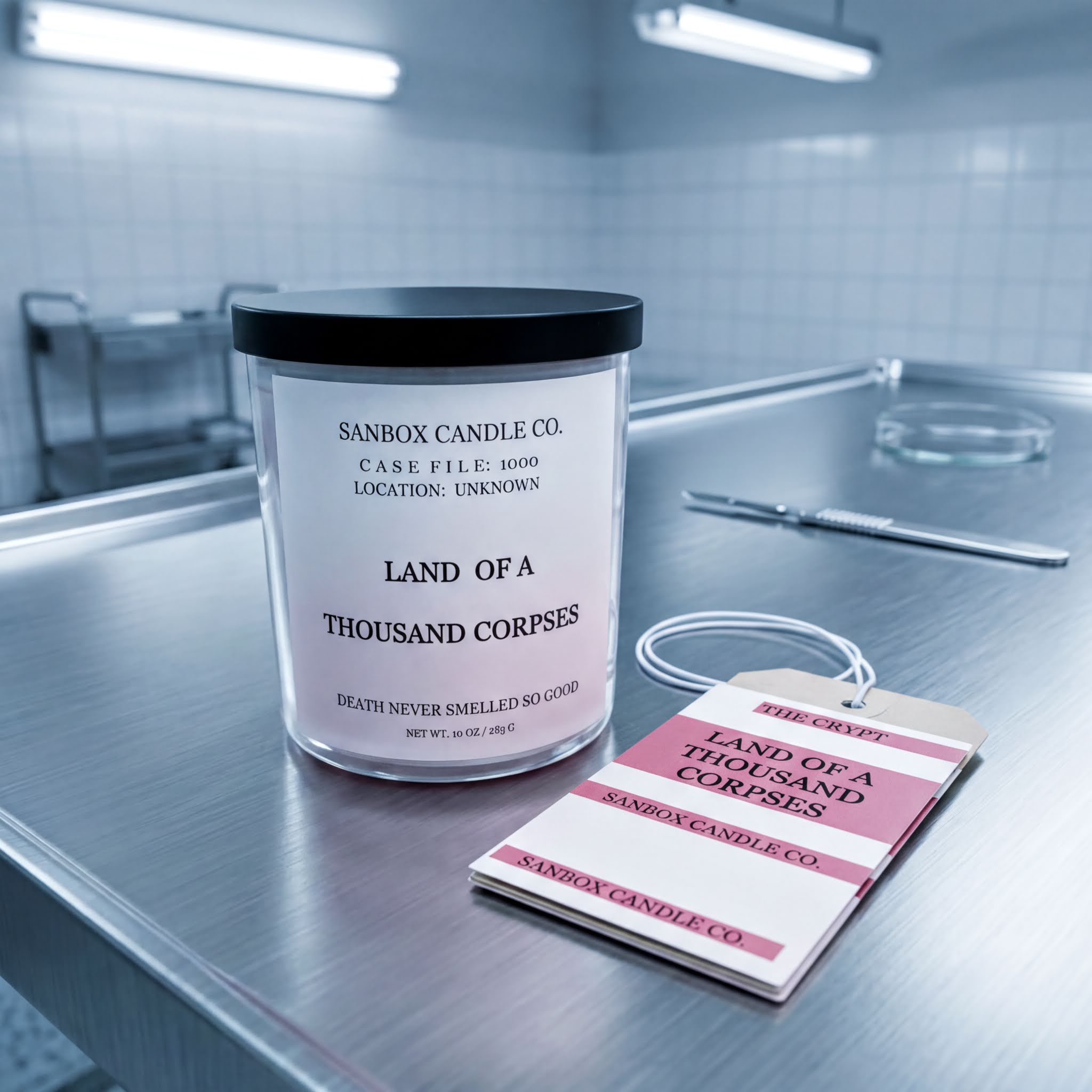 A candle labeled "Land of a Thousand Corps" sits on a table, accompanied by a tag that reads "The CRYPT LAND OF A THOUSAND CORPS SANBOX CANDLE CO."