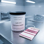 A candle labeled "Land of a Thousand Corps" sits on a table, accompanied by a tag that reads "The CRYPT LAND OF A THOUSAND CORPS SANBOX CANDLE CO."