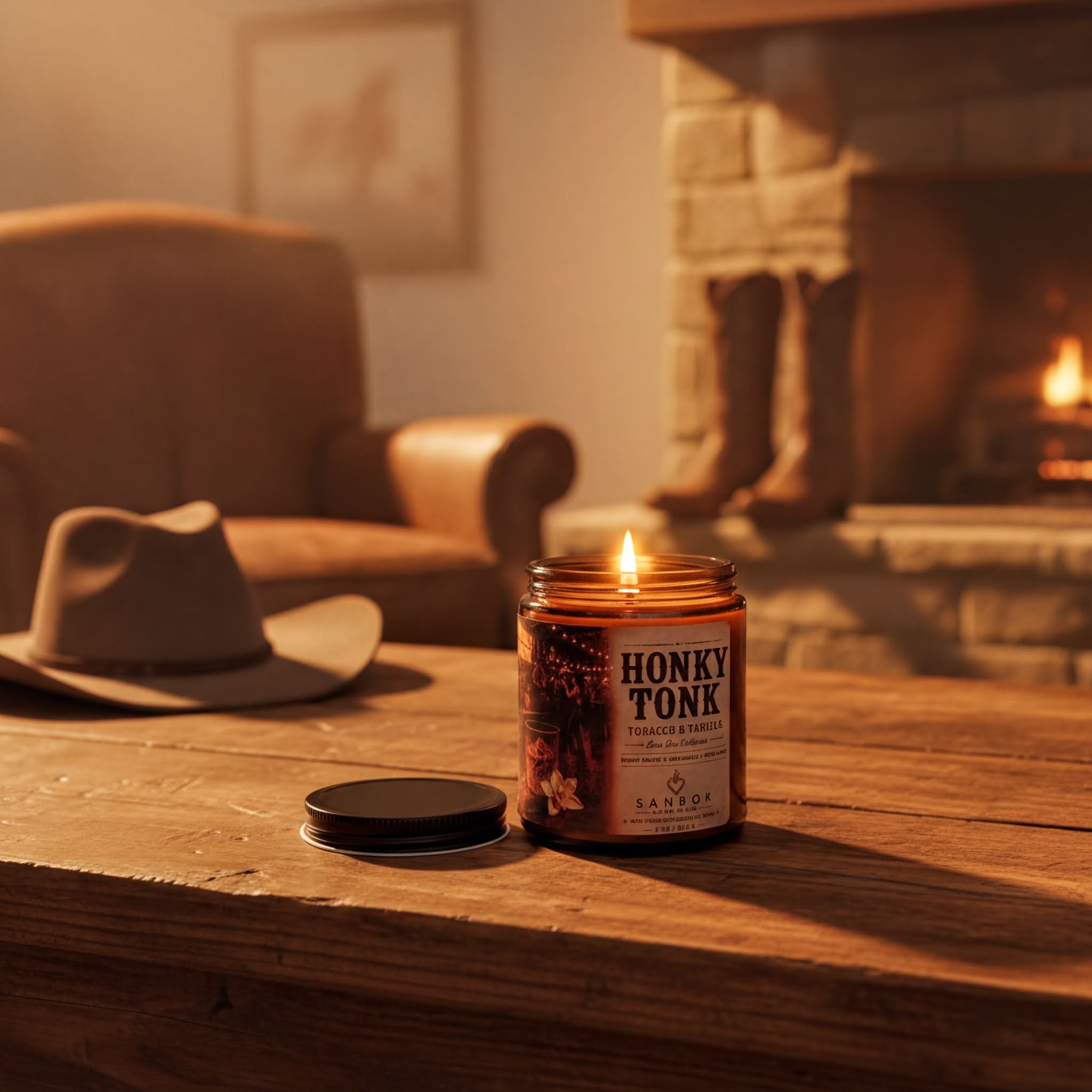 A lit candle labeled "HONKY TONK" sits on a wooden table, with a cowboy hat and a fireplace visible in the background.