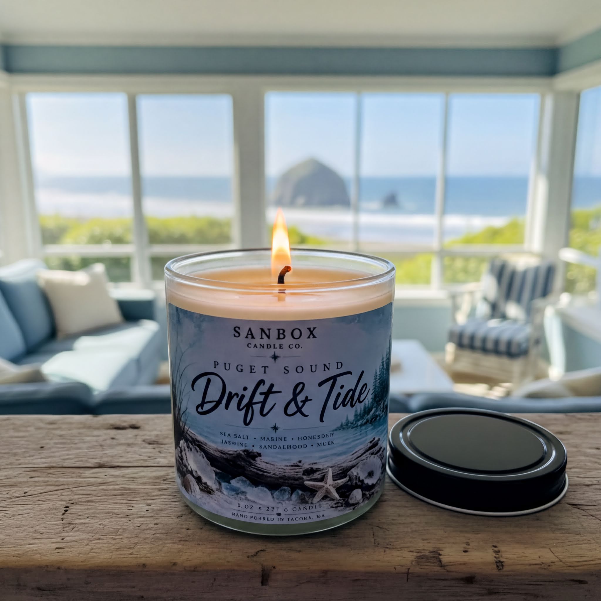 A lit candle in a glass jar sits on a wooden surface, with a view of the ocean visible through a window in the background.