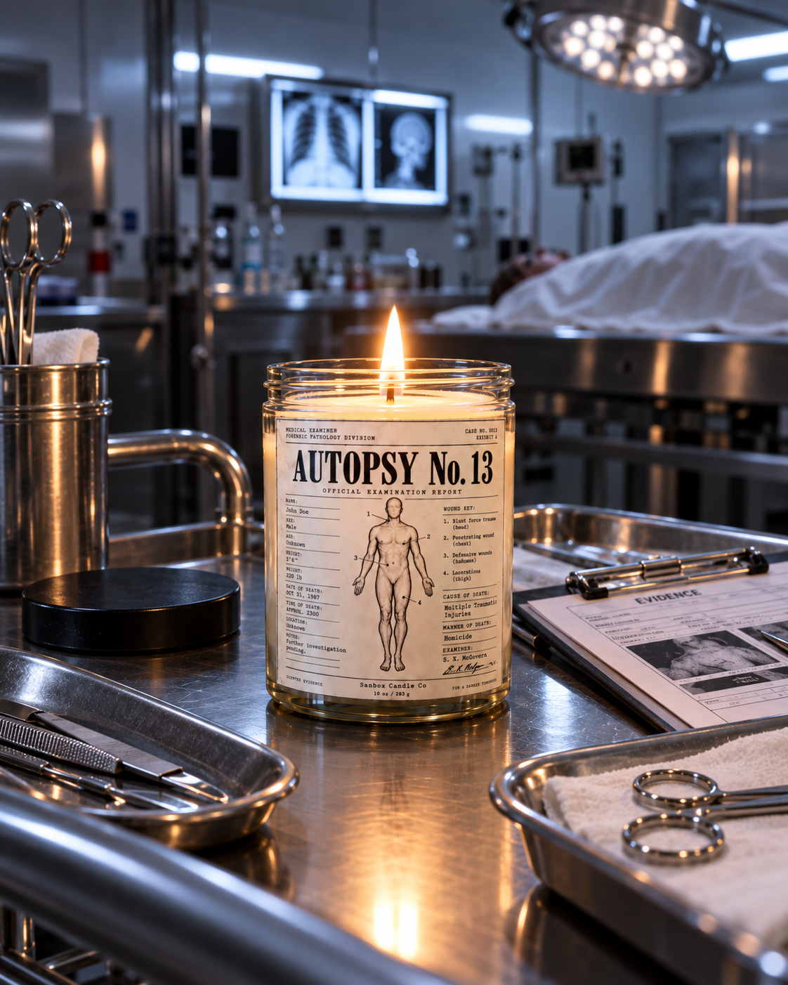 Autopsy No. 13 10 oz hand-poured soy candle burning in a clear glass jar with a vintage forensic autopsy-report label on a stainless steel examination table.