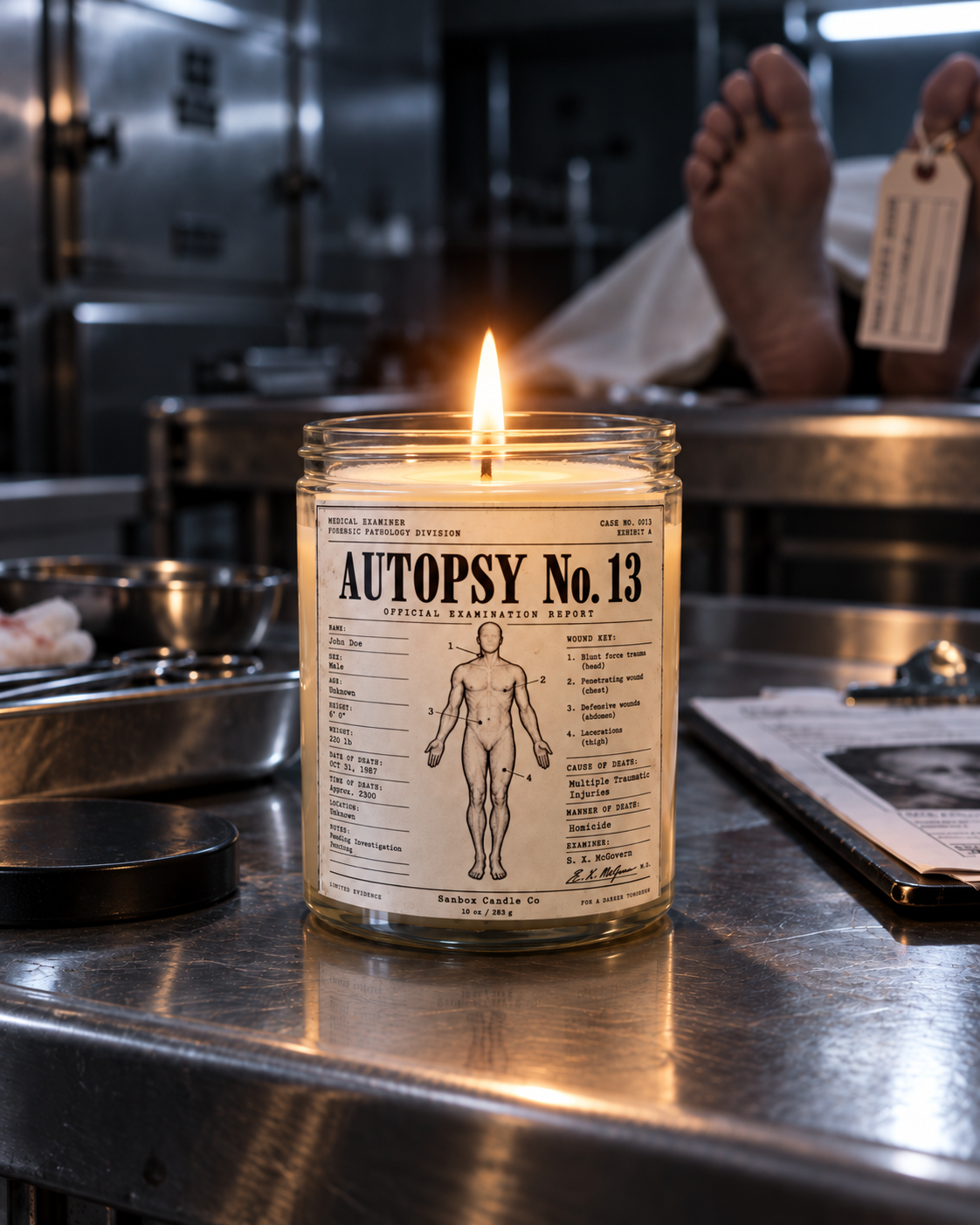 Lit 10 oz Autopsy No. 13 hand-poured soy candle in a clear glass jar, featuring a cream forensic autopsy-report label, black anatomical illustration, single wick, and gothic Halloween tabletop styling.
