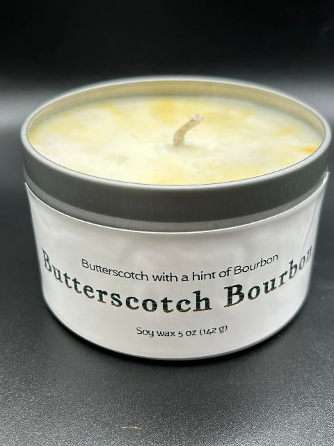 Open 5 ounce Candle Tin of Butterscotch Bourbon