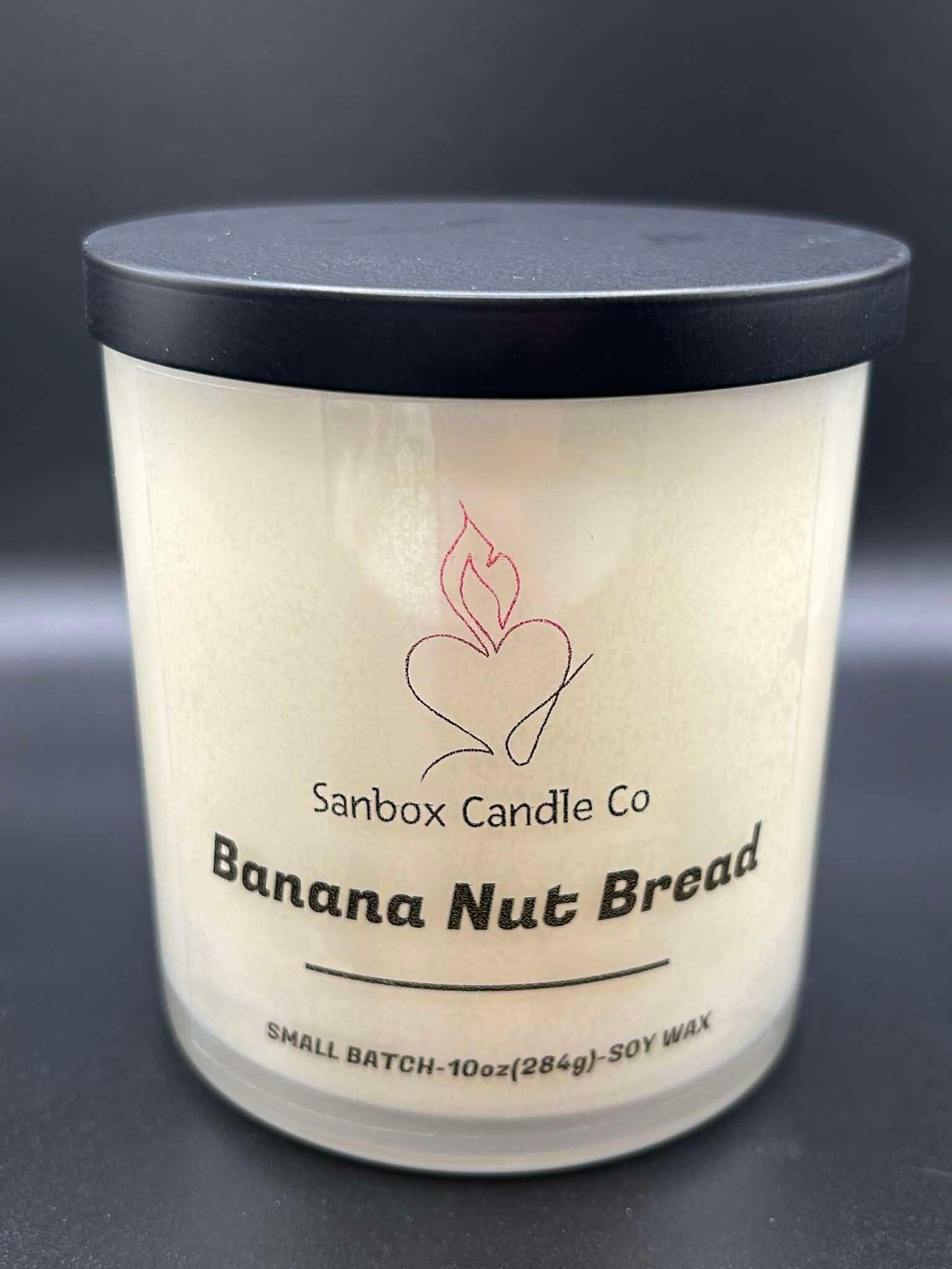 Banana Nut Bread scented soy wax candle in glass jar with black lid, 10oz size