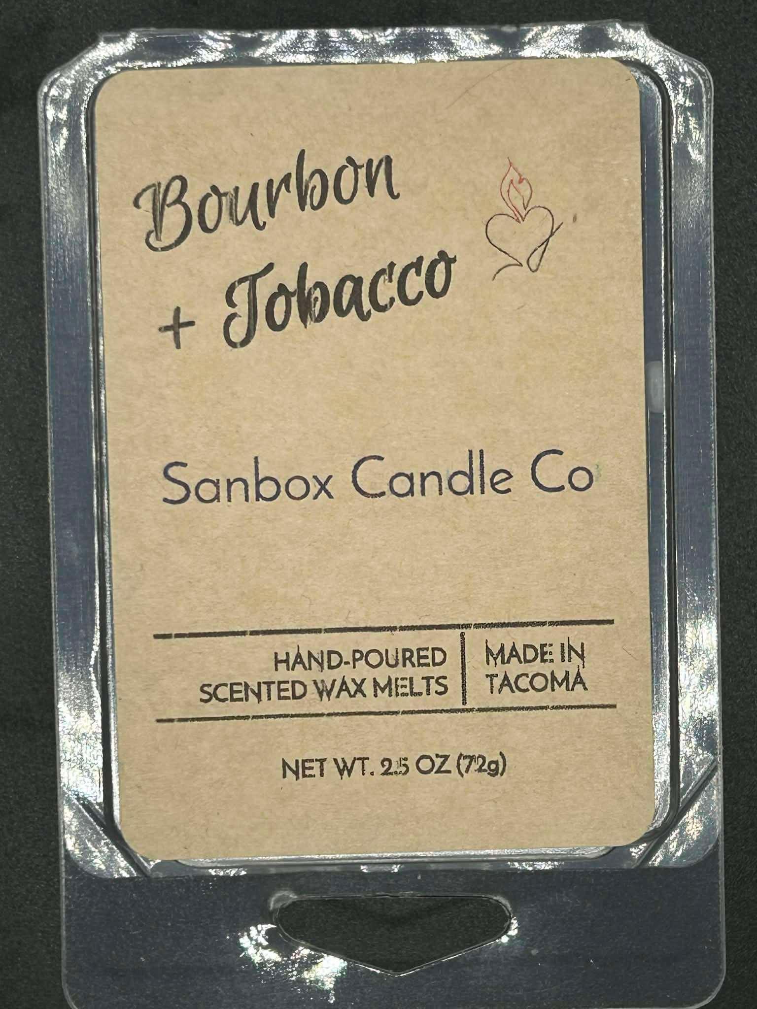 Bourbon and tobacco scented wax melts in a clear plastic clamshell, hand-poured, 2.5oz.