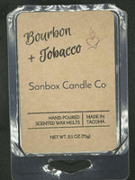 Bourbon and tobacco scented wax melts in a clear plastic clamshell, hand-poured, 2.5oz.