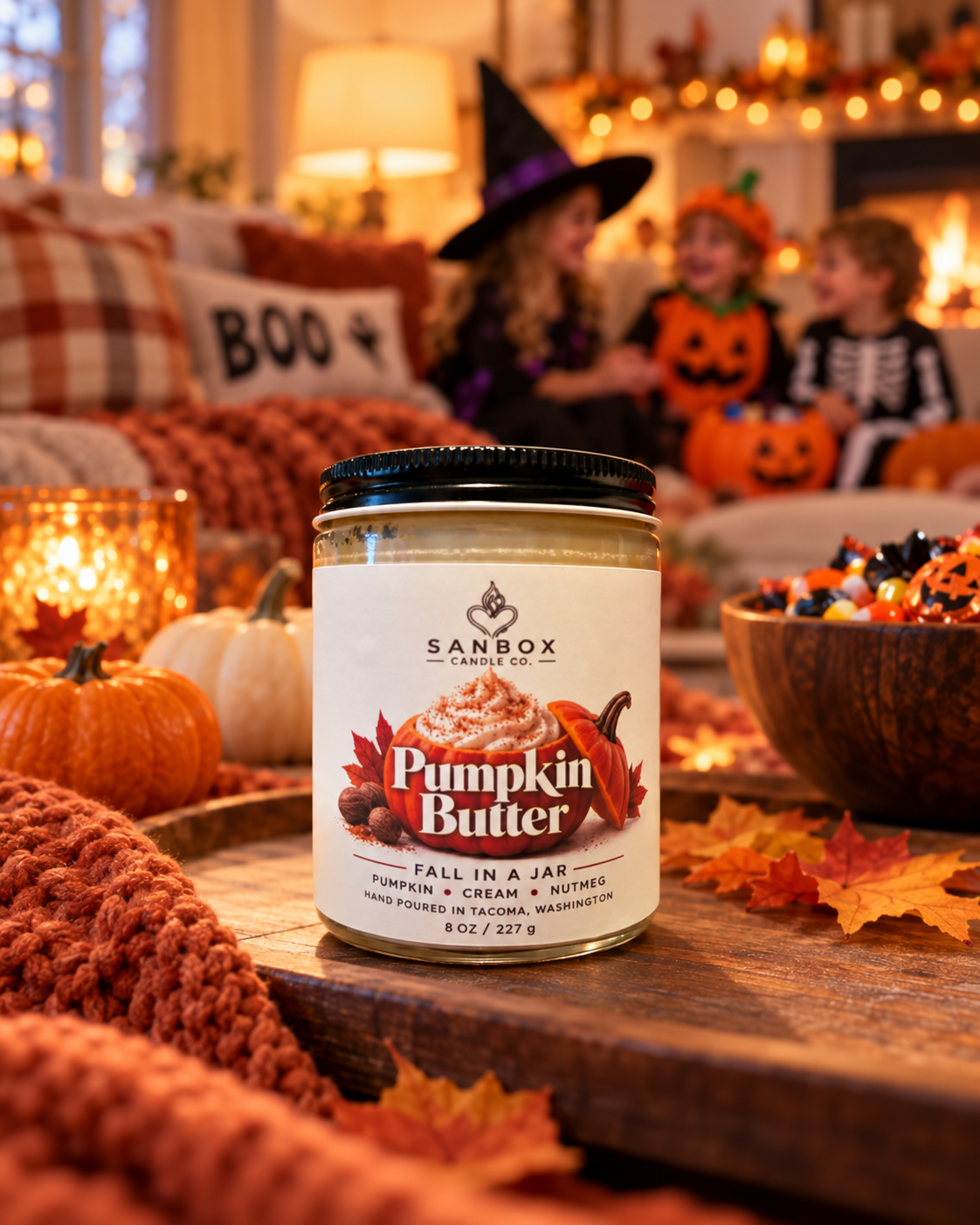 Pumpkin Butter 8 oz hand-poured soy wax candle in a clear glass jar with cream-colored wax and black lid; pumpkin, cream, and nutmeg label shown on a rustic autumn table with pumpkins and fall leaves.