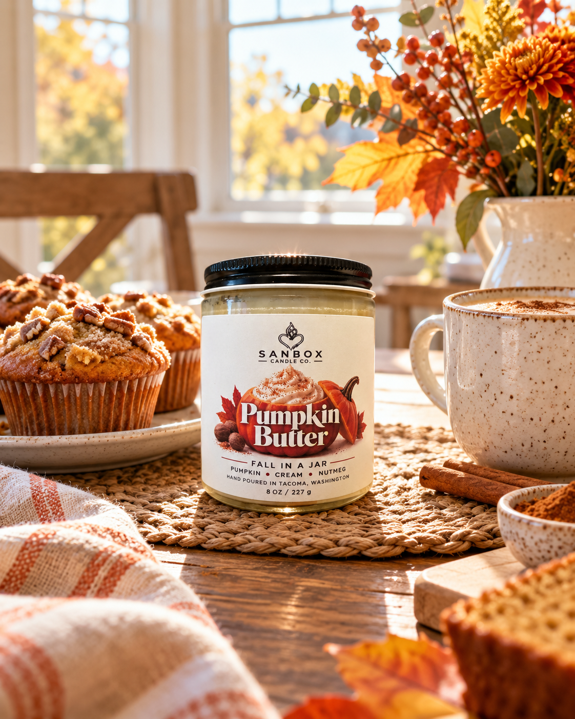 Pumpkin Butter 8 oz hand-poured soy candle in a clear glass jar with black lid and creamy wax, styled with pumpkins, autumn leaves, and Halloween decor in a cozy living room.