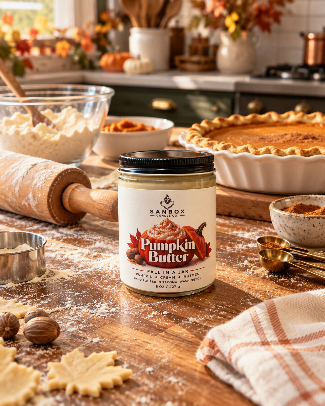 Pumpkin Butter 8 oz hand-poured soy candle in a clear glass jar with black lid and creamy wax, styled with pumpkins, autumn leaves, and Halloween decor in a cozy living room.