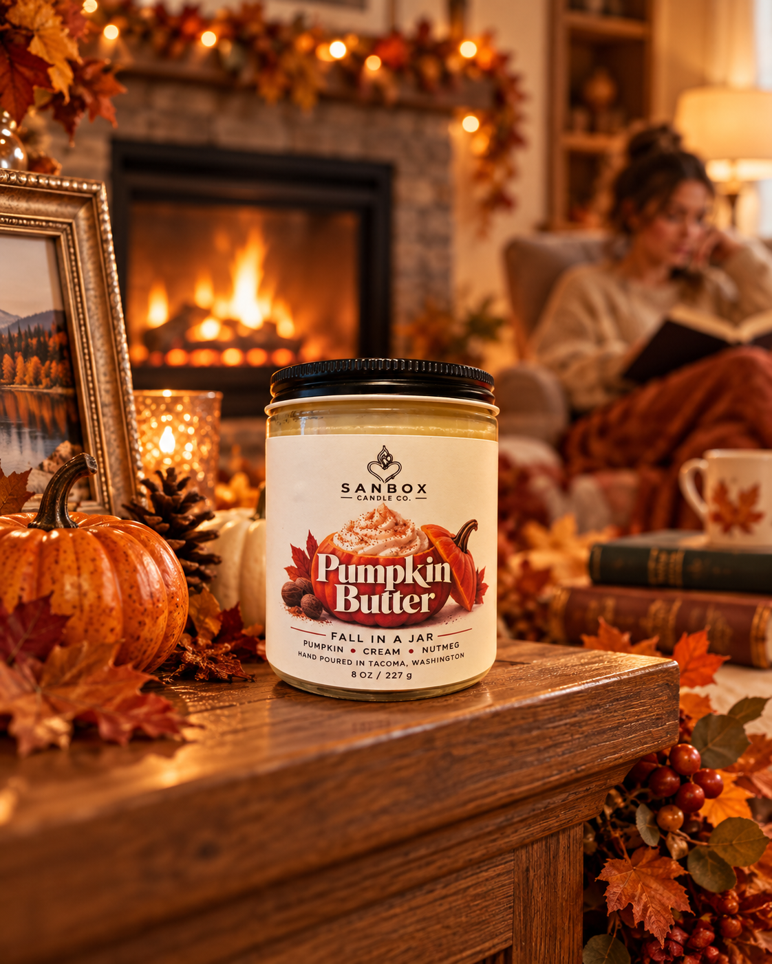 Pumpkin Butter 8 oz hand-poured soy candle in a clear glass jar with black lid and creamy wax, styled with pumpkins, autumn leaves, and Halloween decor in a cozy living room.