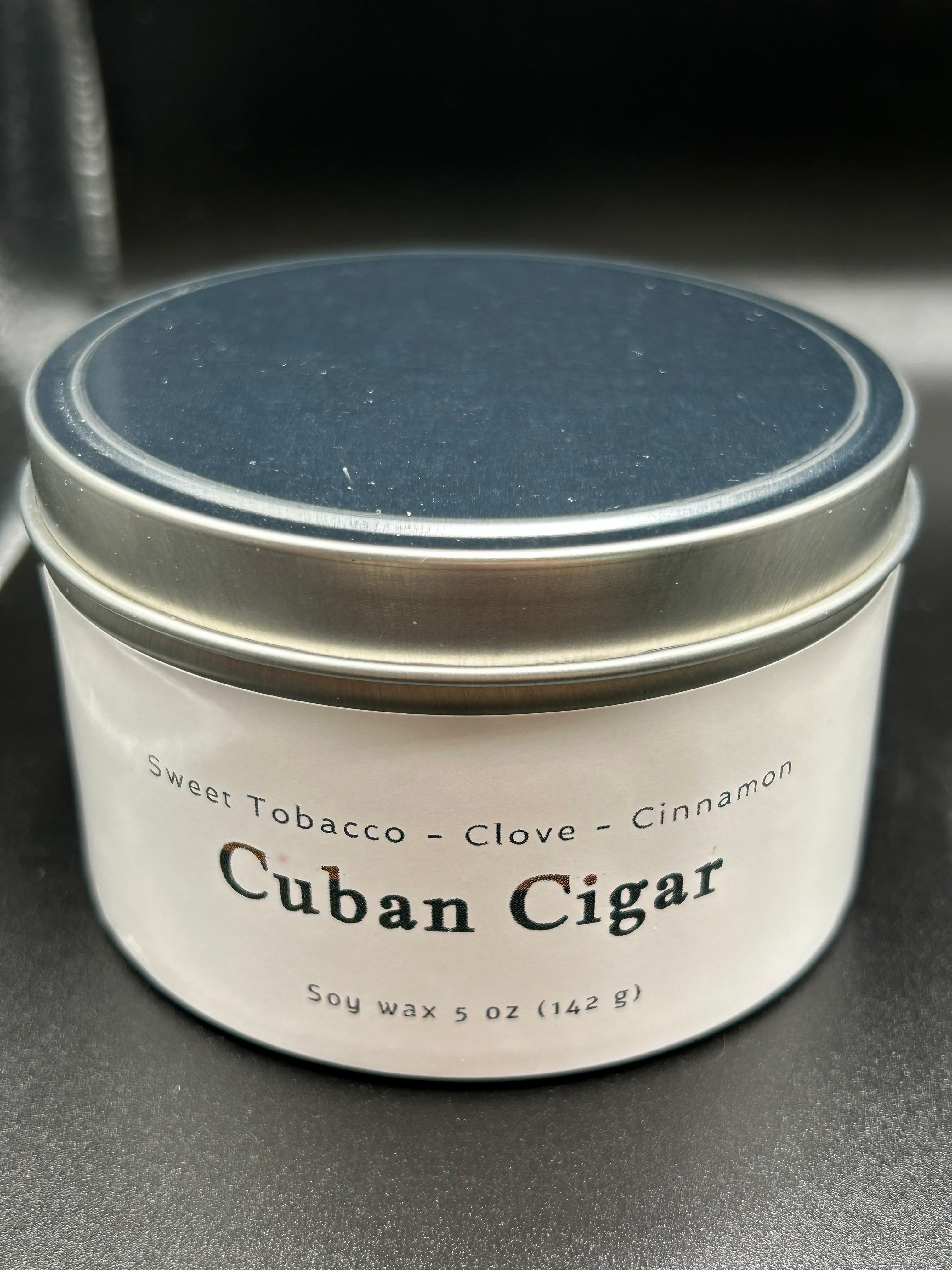 Cuban Cigar scented soy wax candle tin with sweet tobacco, clove, cinnamon notes, 5oz size