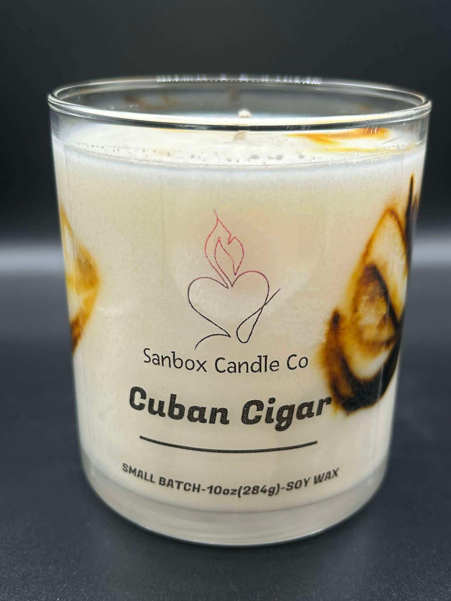 Cuban Cigar scented soy wax candle in glass jar, 10oz small batch, hand-poured with label.