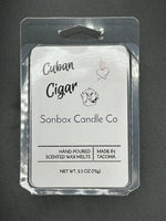 Cuban Cigar scented hand-poured wax melts in clear packaging, 2.5 oz, white label.