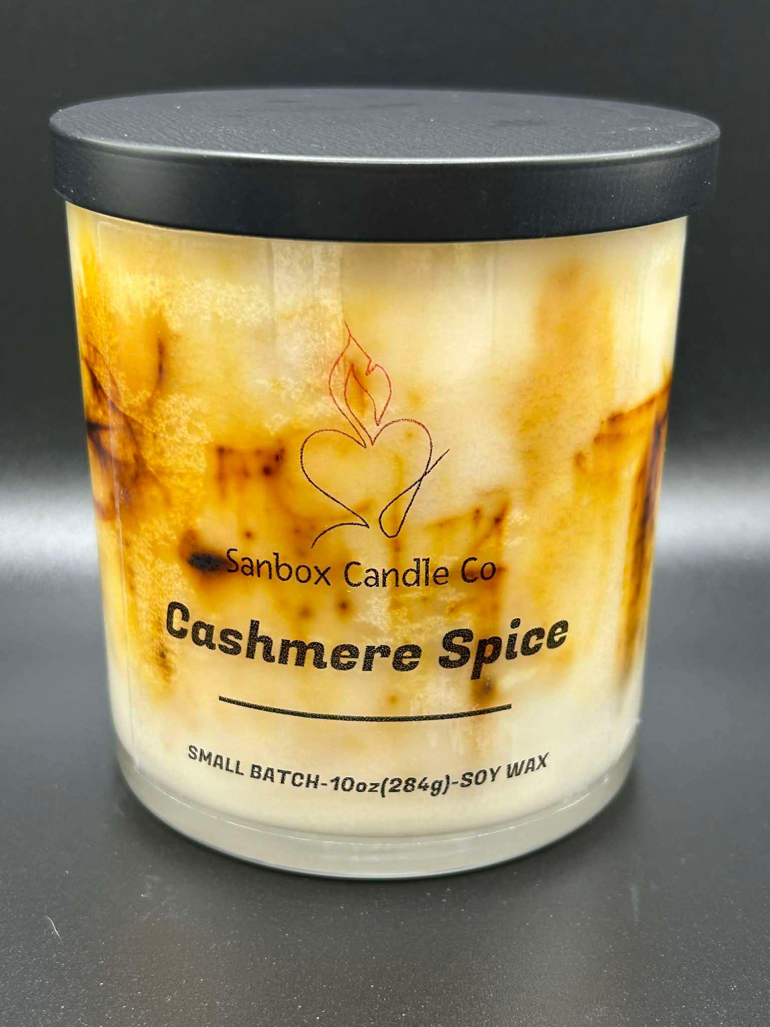 Cashmere Spice scented soy candle in glass jar with black lid, 10oz small batch