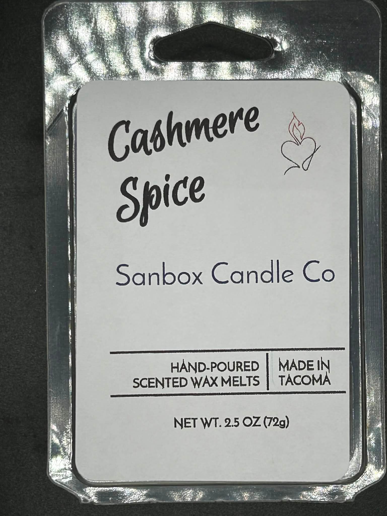 Cashmere Spice hand-poured scented wax melts, 2.5oz, in clear plastic packaging