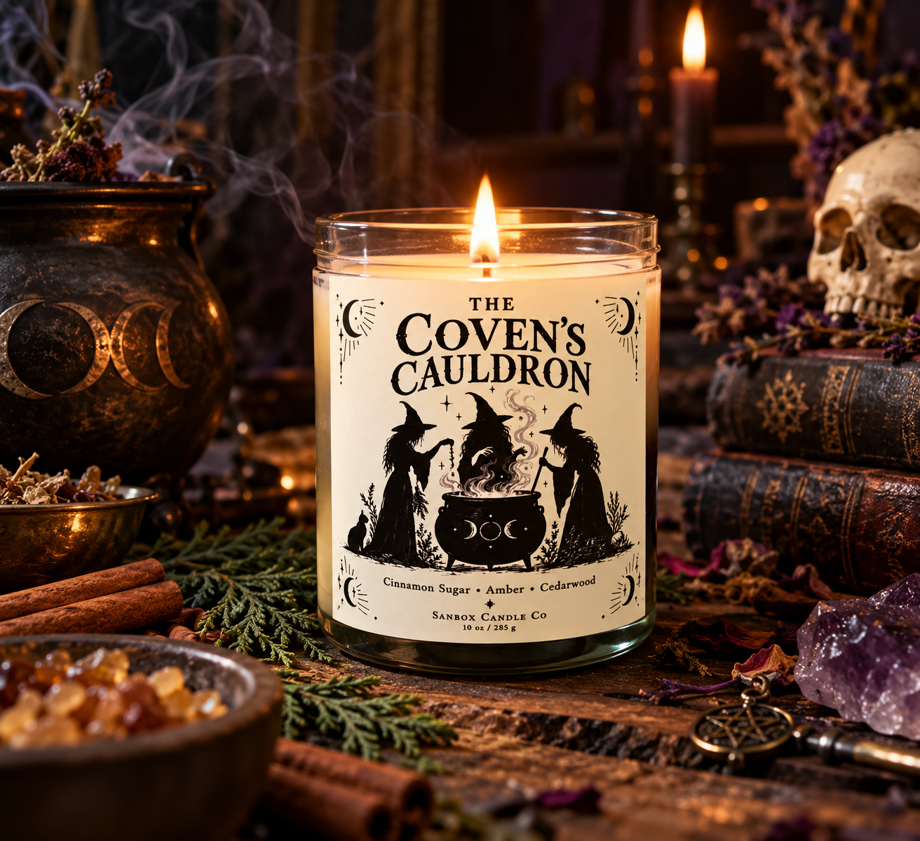 The Coven's Cauldron 10-ounce soy candle in a clear glass jar with a lit single wick and black-and-cream label showing three witches around a cauldron, styled with a black cat, raven, pumpkins, and gothic decor.