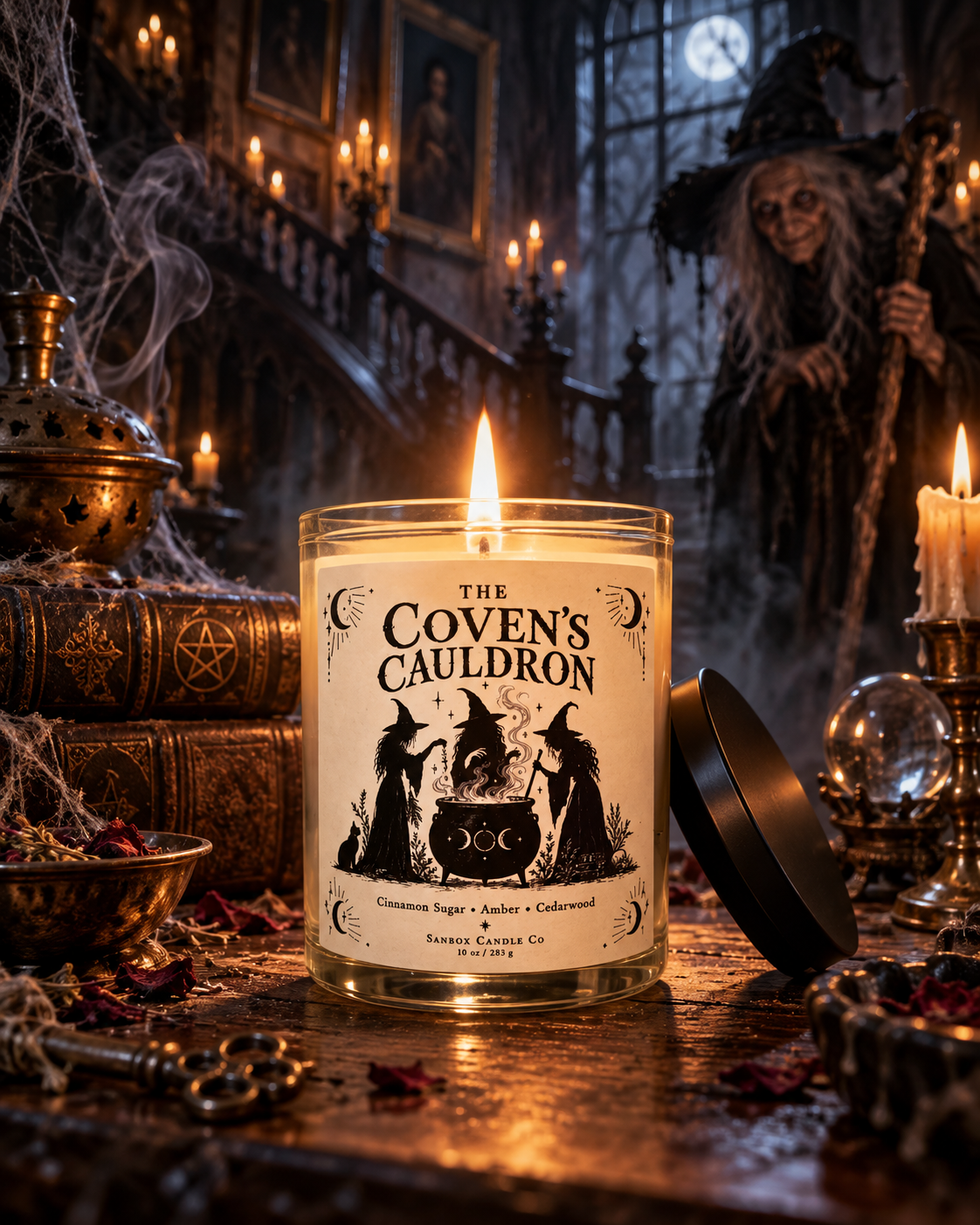 The Coven's Cauldron 10-ounce soy candle in a clear glass jar with a lit single wick and black-and-cream label showing three witches around a cauldron, styled with a black cat, raven, pumpkins, and gothic decor.