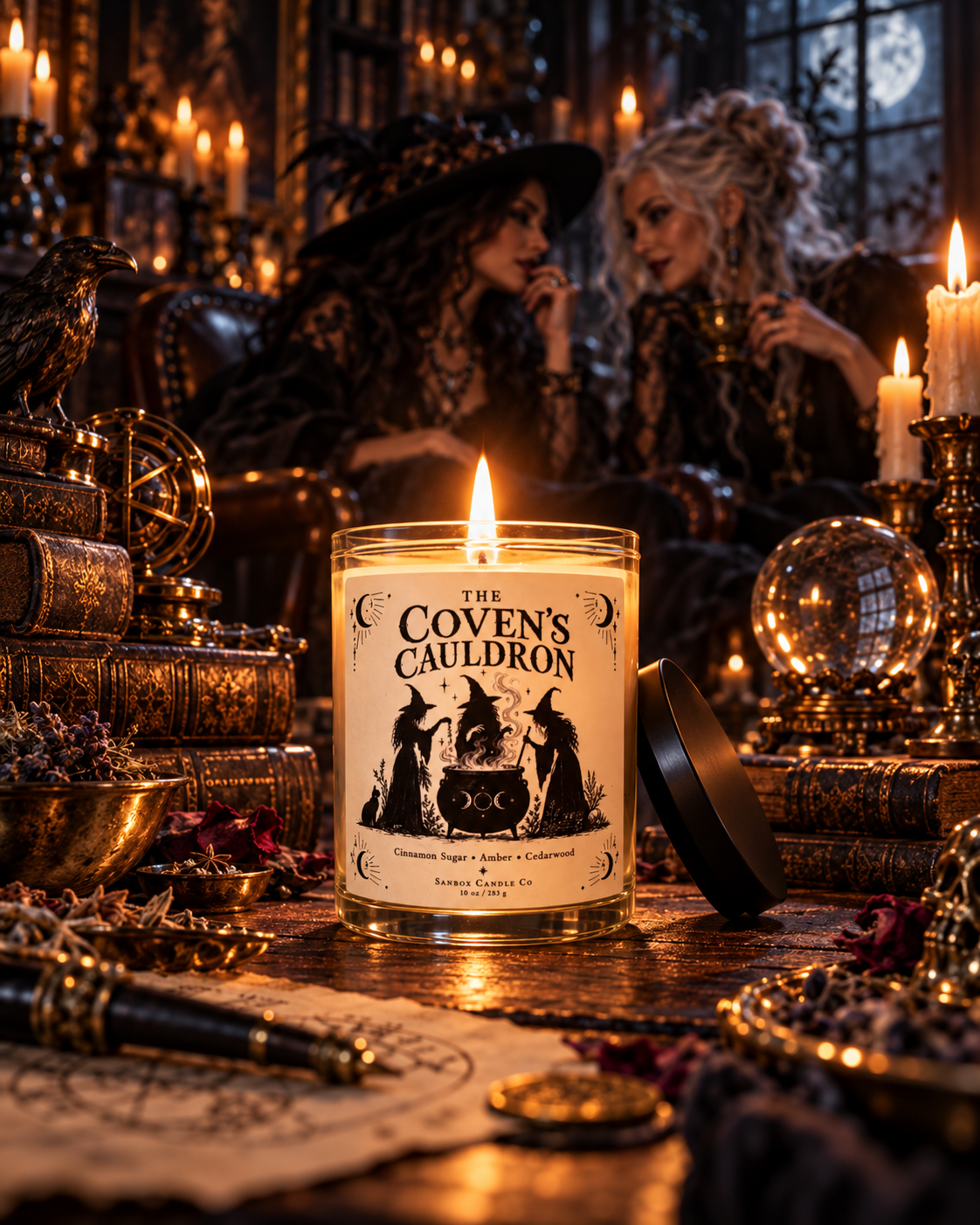 The Coven's Cauldron 10-ounce soy candle in a clear glass jar with a lit single wick and black-and-cream label showing three witches around a cauldron, styled with a black cat, raven, pumpkins, and gothic decor.