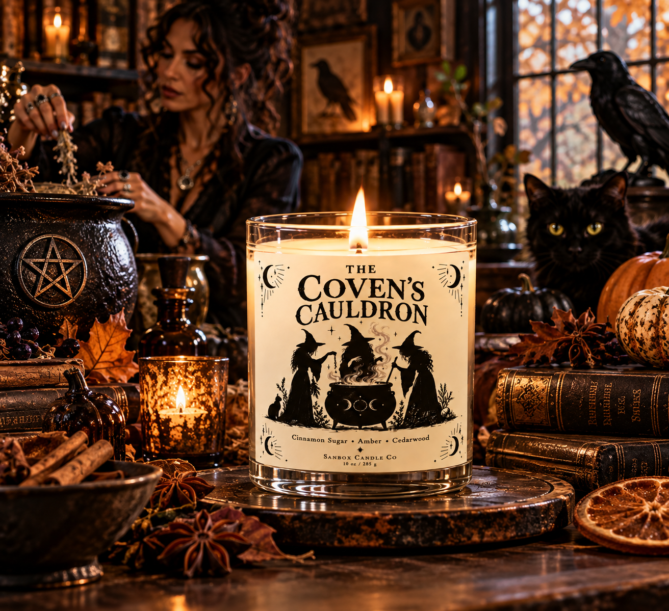 The Coven's Cauldron 10-ounce soy candle in a clear glass jar with a lit single wick and black-and-cream label showing three witches around a cauldron, styled with a black cat, raven, pumpkins, and gothic decor.
