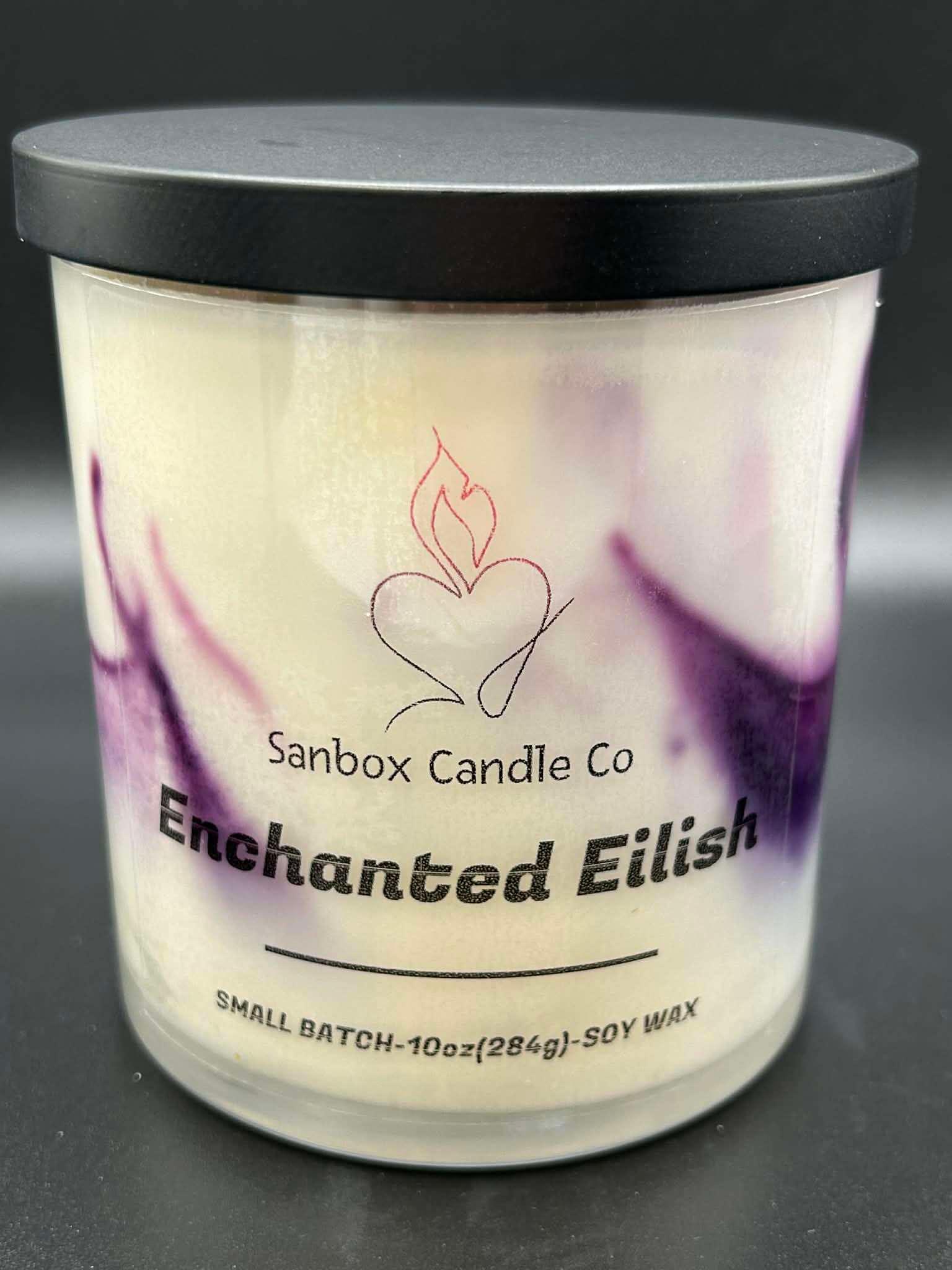 10oz soy wax candle with black lid, white and purple marbled design, Enchanted Eilish label