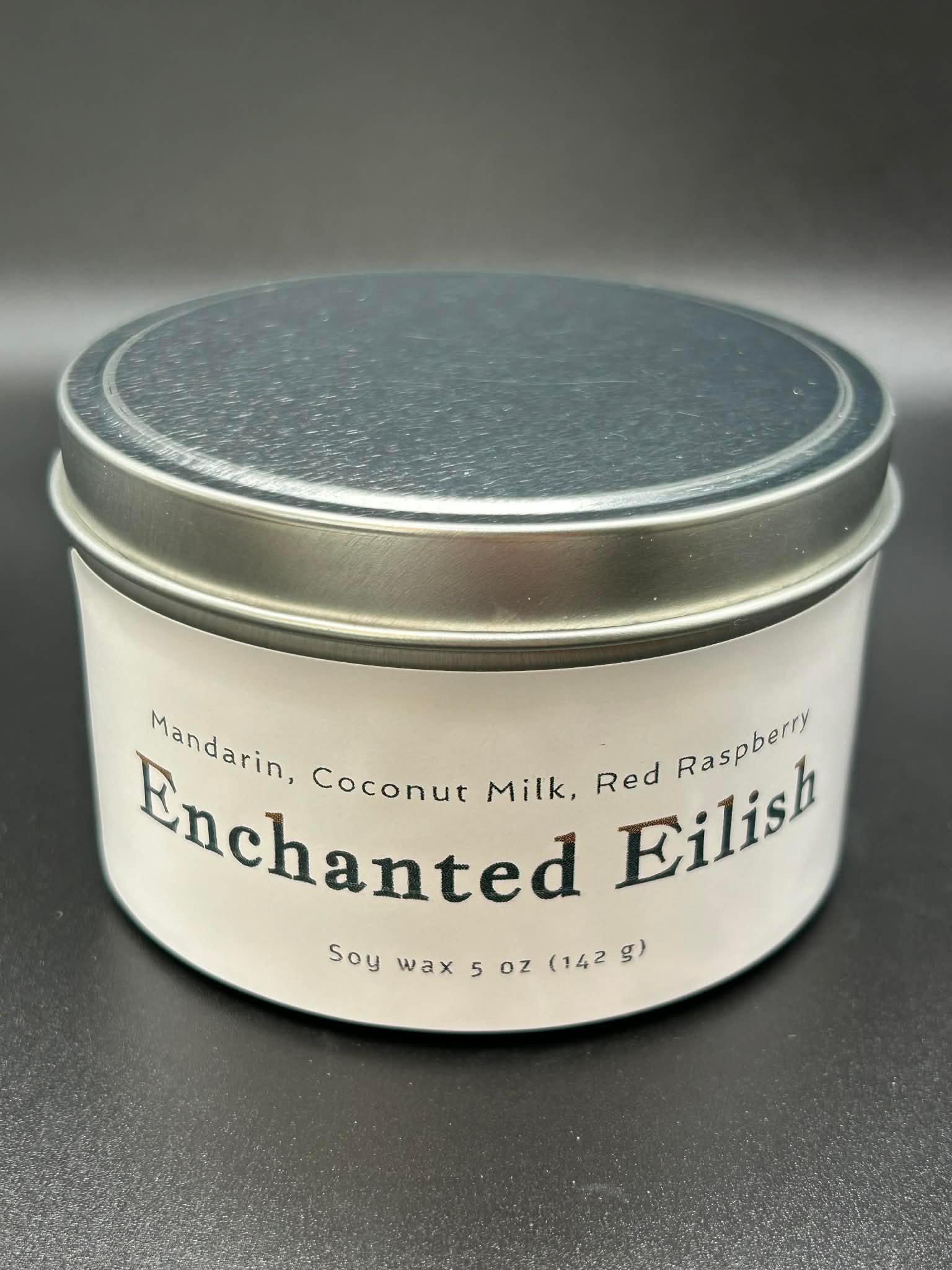 Enchanted Eilish soy wax candle tin with Mandarin, Coconut Milk, Red Raspberry scent, 5oz.