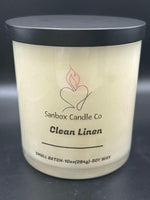 Clean Linen scented soy candle in glass jar with black lid, 10oz small batch.