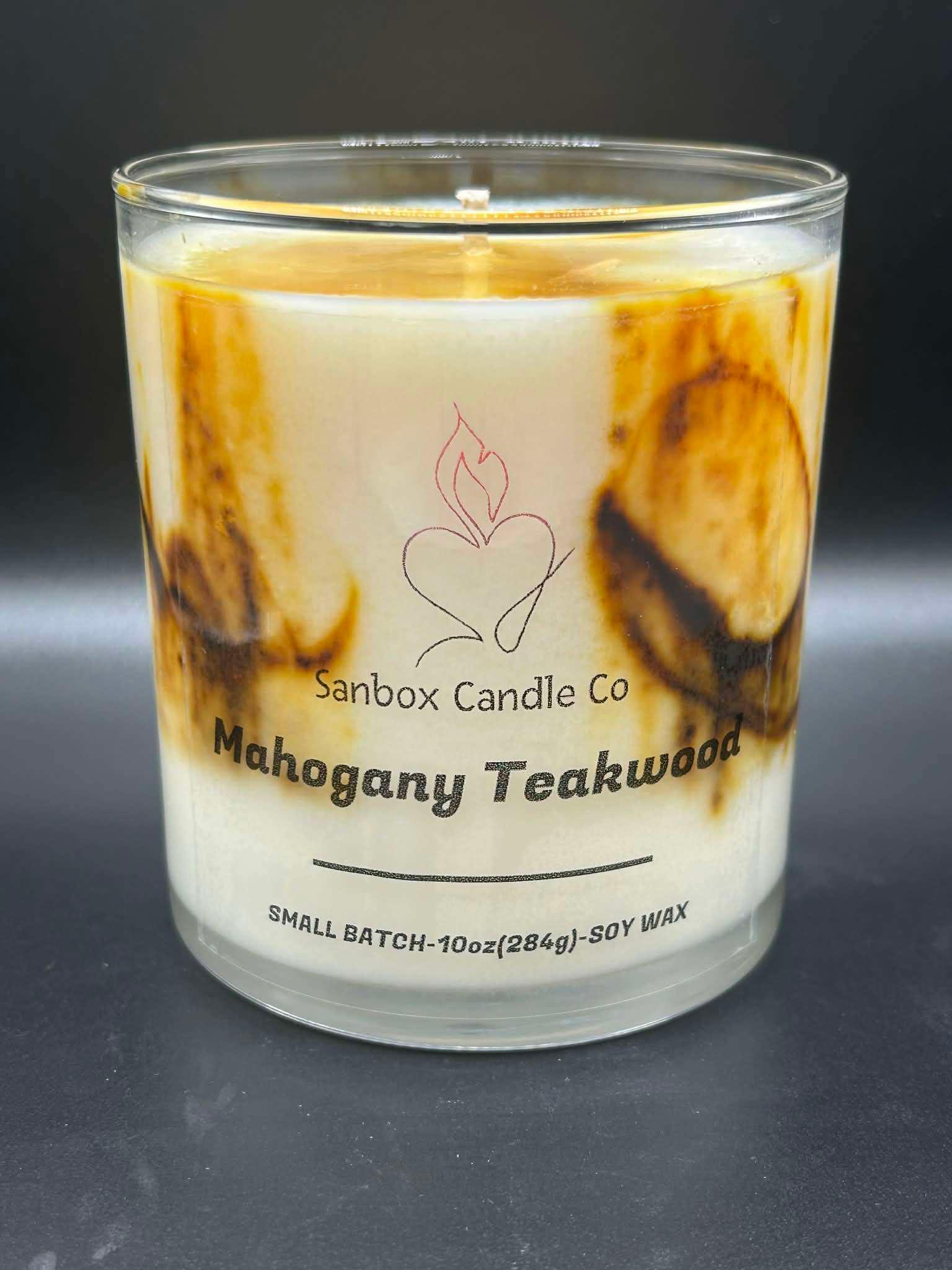 Mahogany Teakwood scented soy candle in clear glass jar, 10oz small batch, marbled design