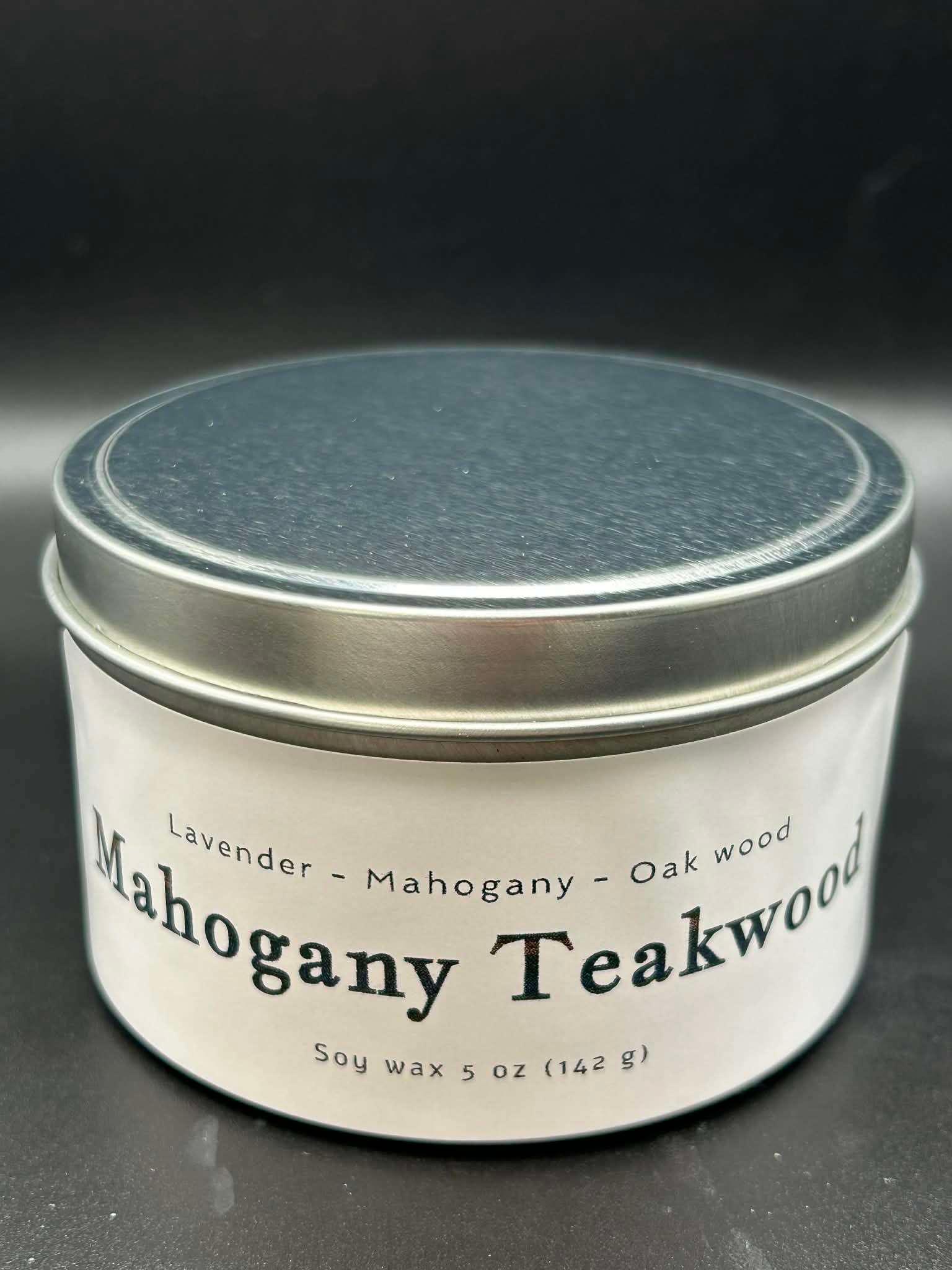 Mahogany Teakwood scented soy candle tin, 5oz, with lavender, mahogany, oak wood notes