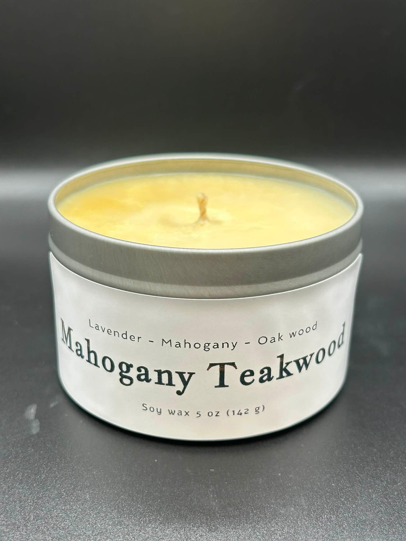 Mahogany Teakwood soy wax candle tin, 5 oz, with lavender, mahogany, oak wood scent label.