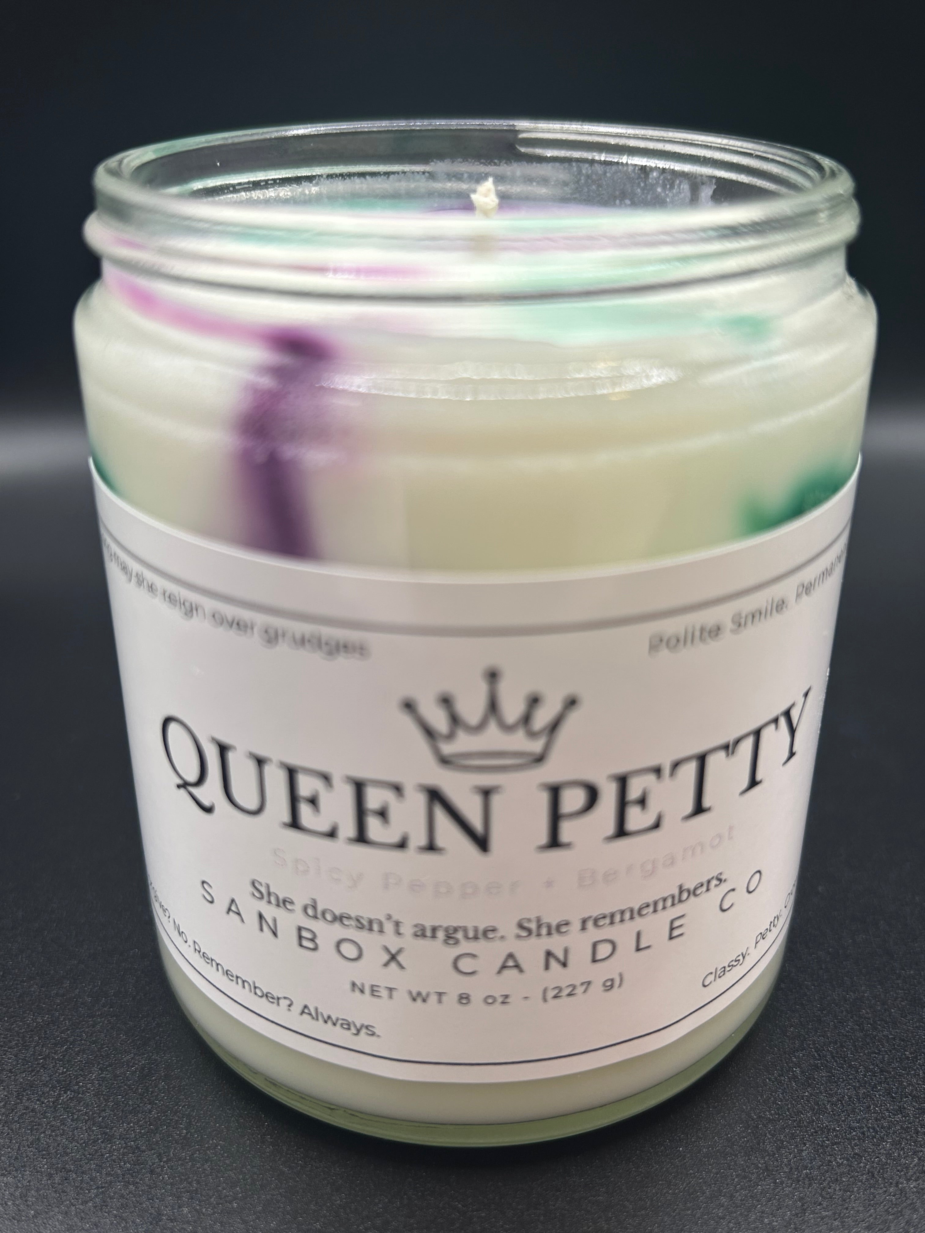 Queen Petty scented candle with label, spicy pepper and bergamot, 8 oz glass jar