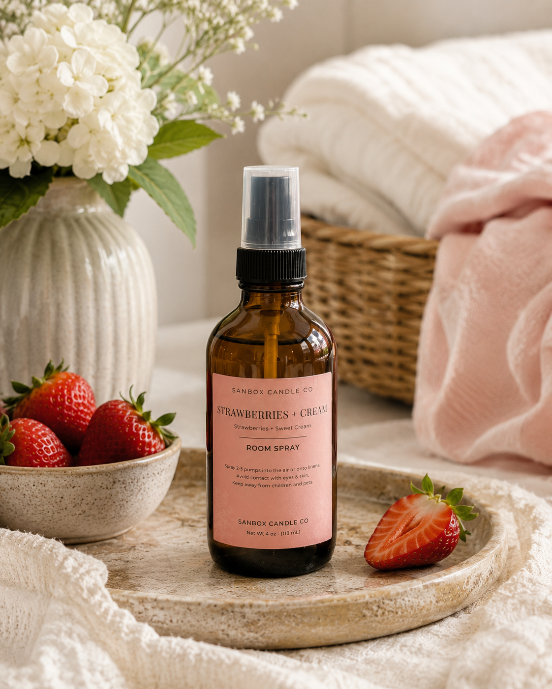 Strawberries & Cream Handmade Room Spray - 4 oz Strawberry Vanilla Home Fragrance