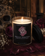 Velvet Ofrenda 10-oz soy candle with Amber Noir fragrance and elegant packaging for remembrance and reflection