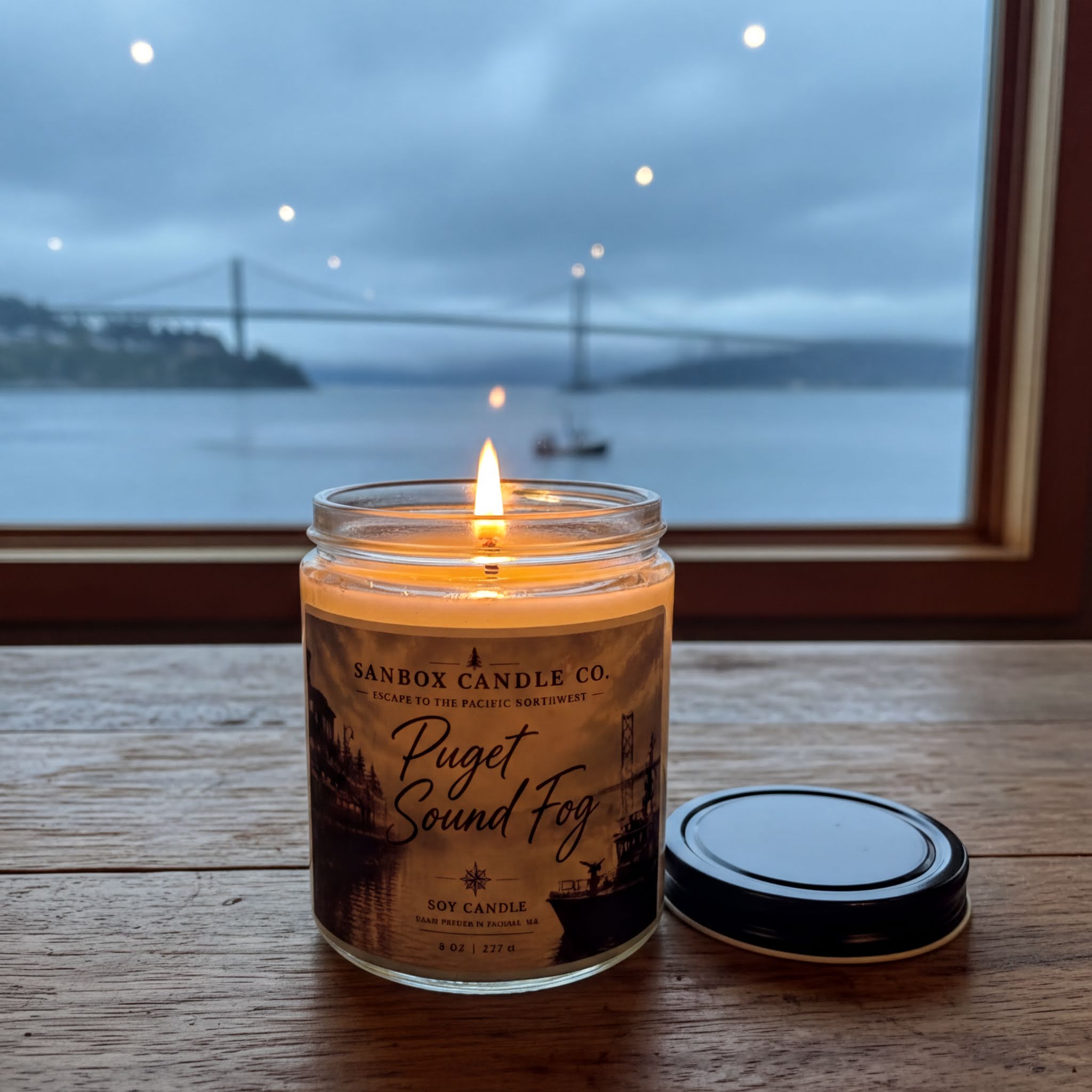 A soy candle in a jar with a lit flame sits on a wooden surface, with a view of a bridge and water in the background through a window.