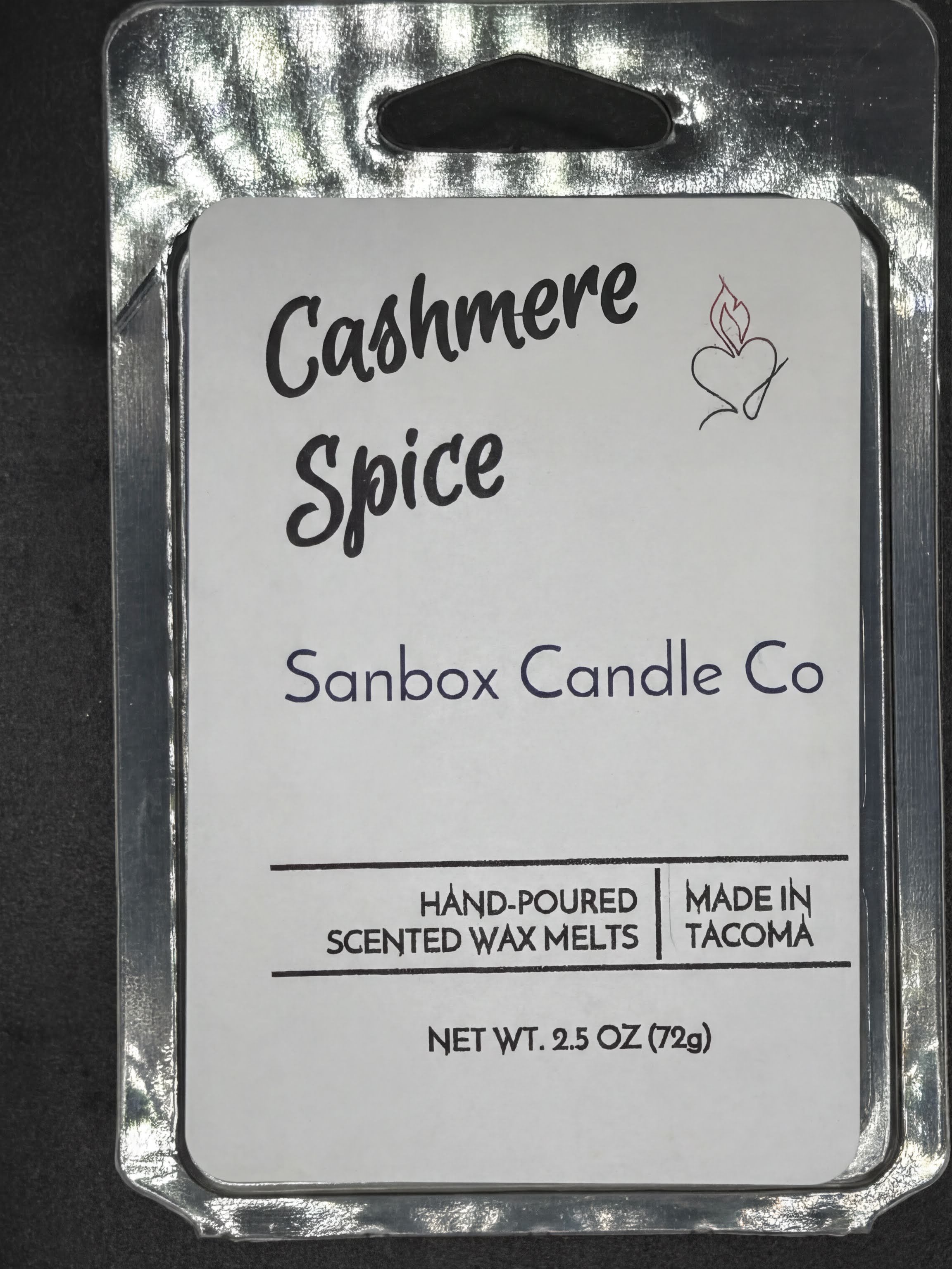 Cashmere Spice hand-poured scented wax melts, 2.5oz, in clear plastic packaging