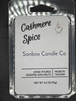 Cashmere Spice hand-poured scented wax melts, 2.5oz, in clear plastic packaging