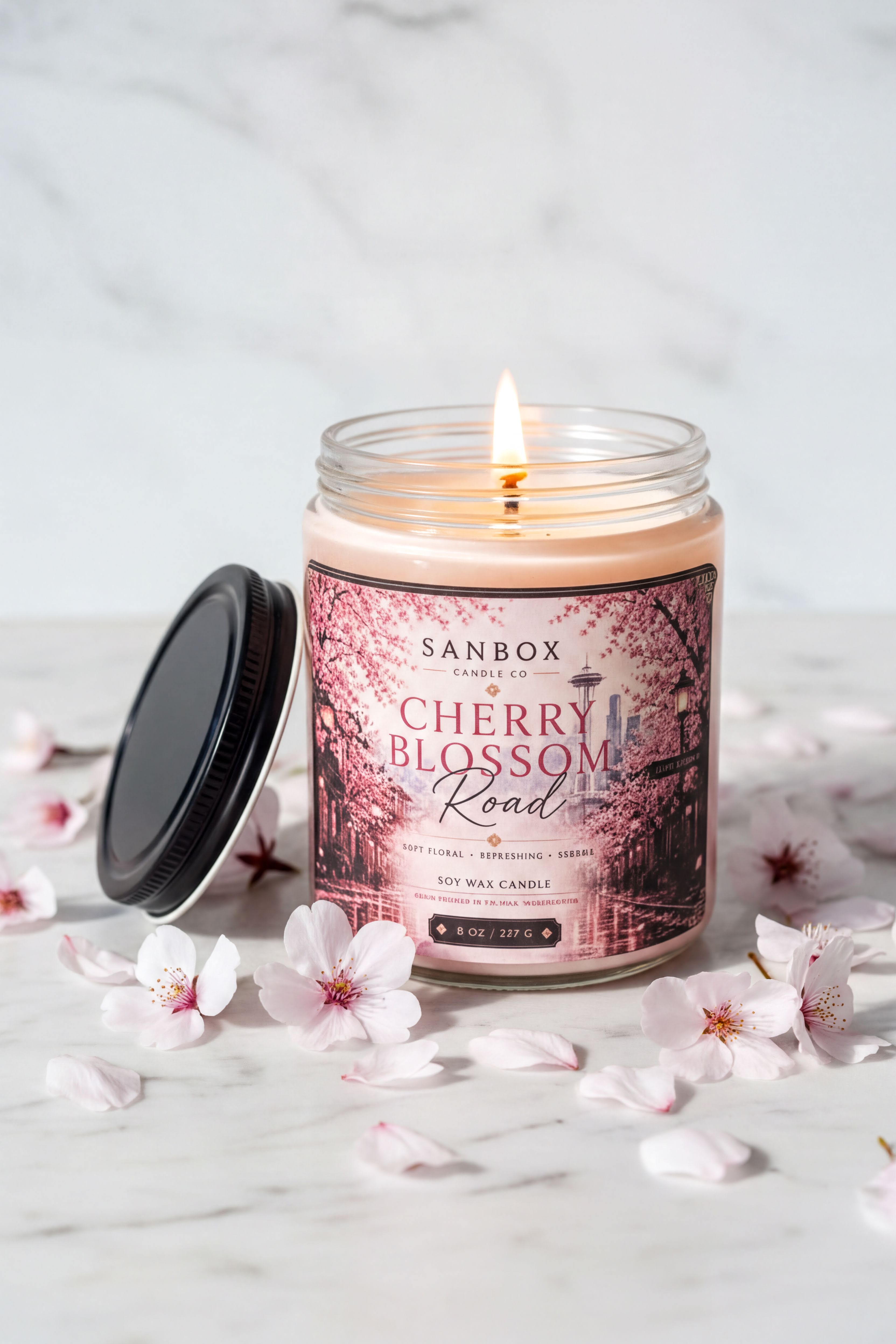A lit candle in a jar with a cherry blossom design, surrounded by cherry blossom petals on a marble surface.