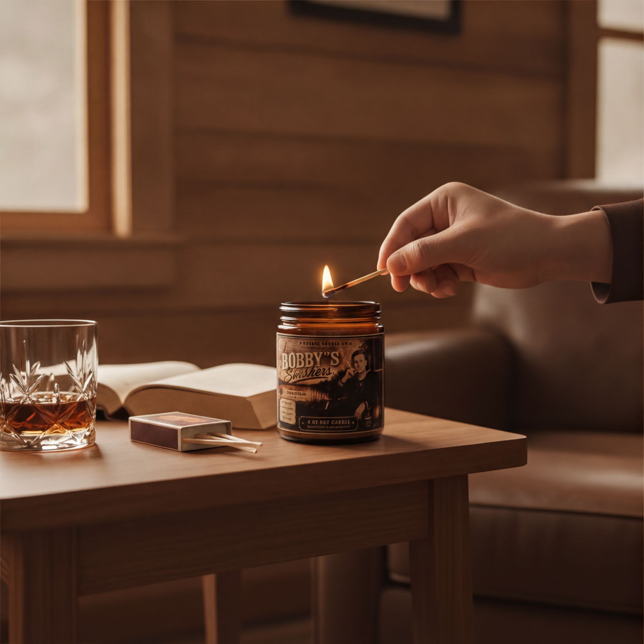 A hand is lighting a candle on a wooden table, with a glass of whiskey and an open book nearby.