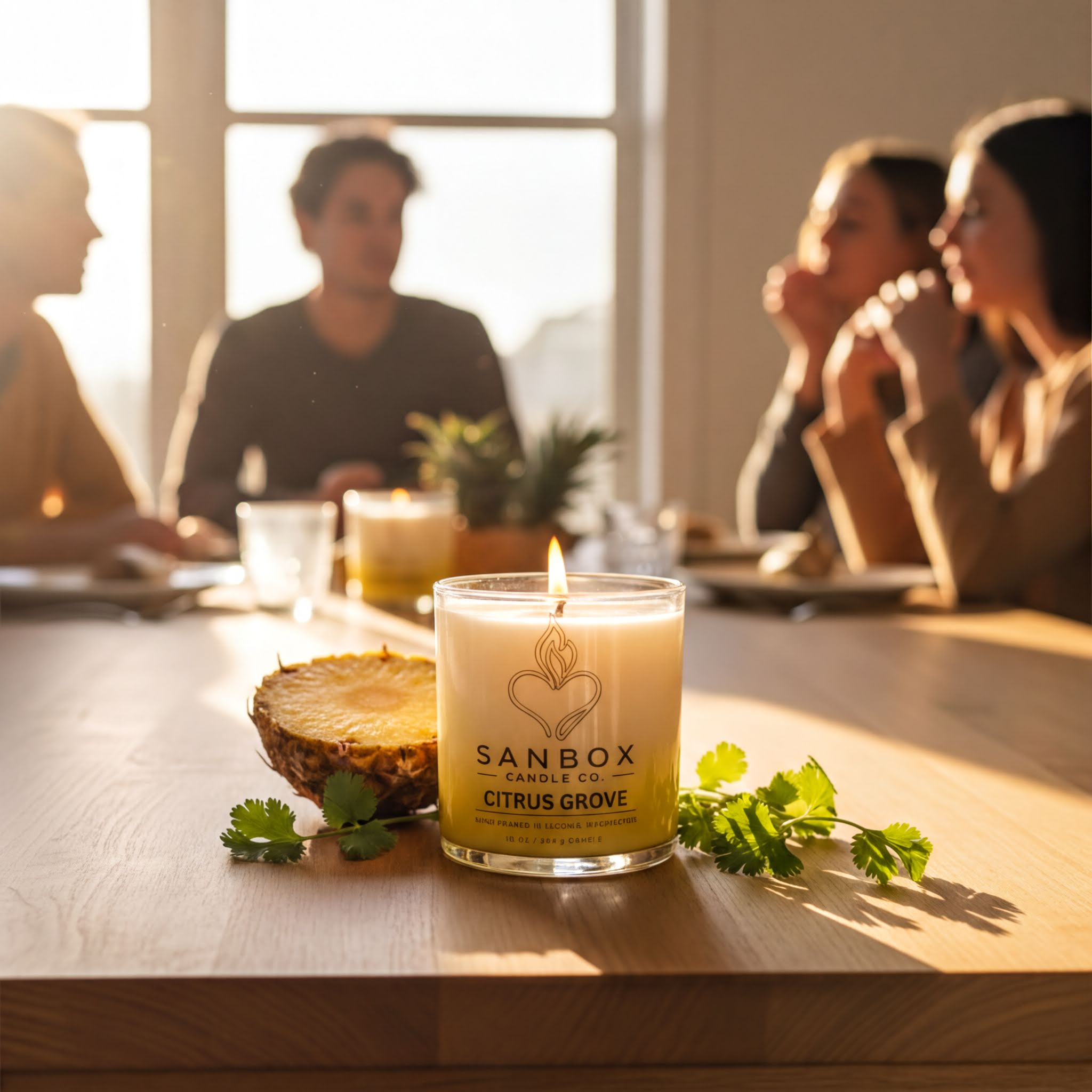 a candle labeled "SANBOX CITRUS GROVE" on a wooden table, surrounded by a pineapple, cilantro, and a glass of water. There are four people in the background, engaged in conversation.