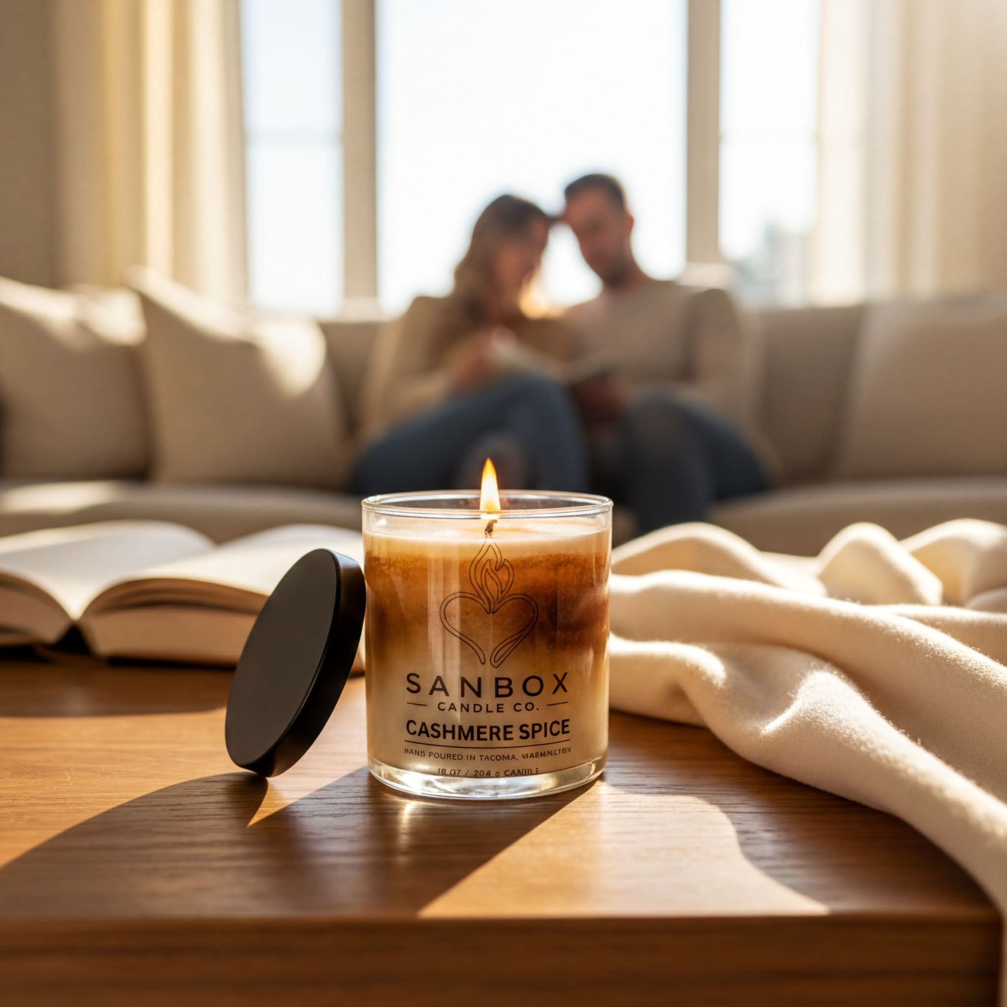 A lit candle in a glass container sits on a wooden surface, with a couple sitting on a couch in the background.