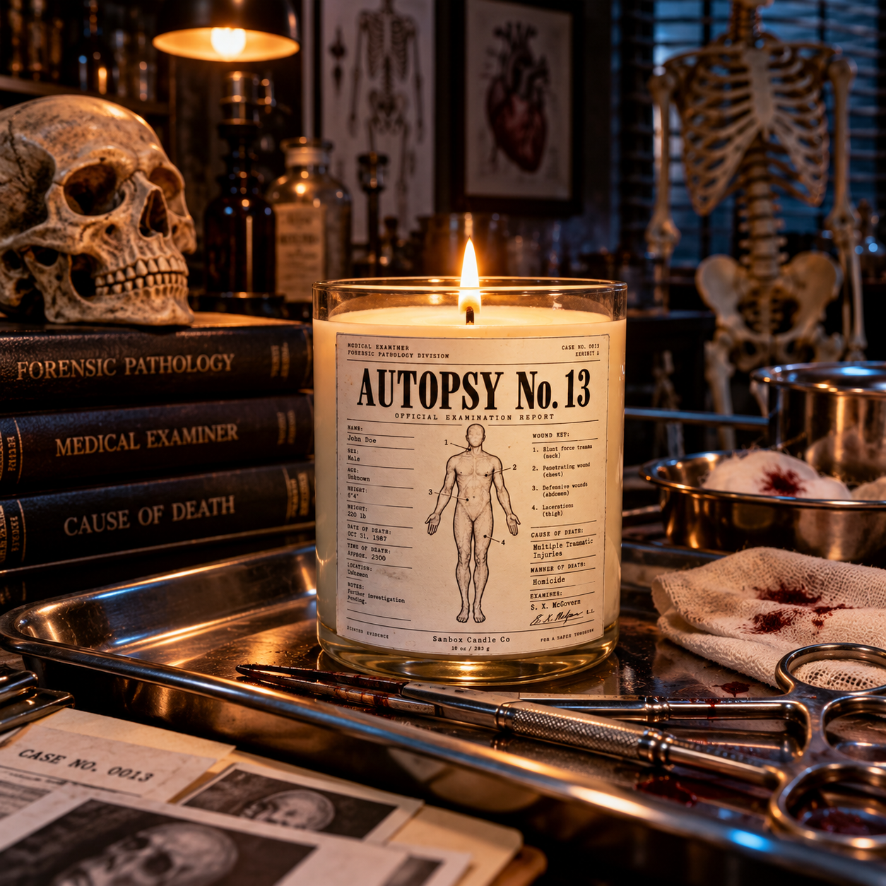 Autopsy No. 13 10 oz hand-poured soy candle burning in a clear glass jar with a vintage forensic autopsy-report label on a stainless steel examination table.