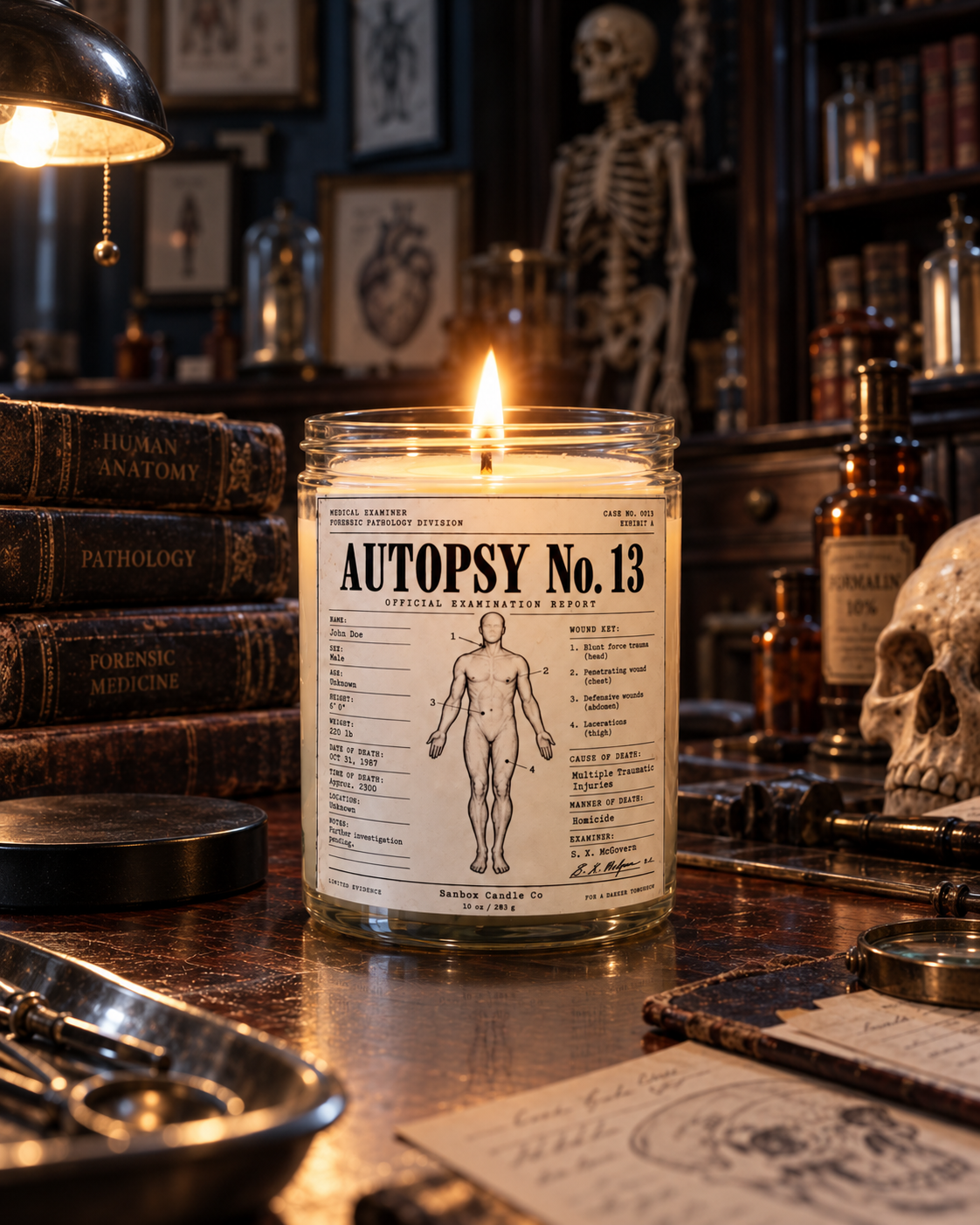 Autopsy No. 13 10 oz hand-poured soy candle burning in a clear glass jar with a vintage forensic autopsy-report label on a stainless steel examination table.