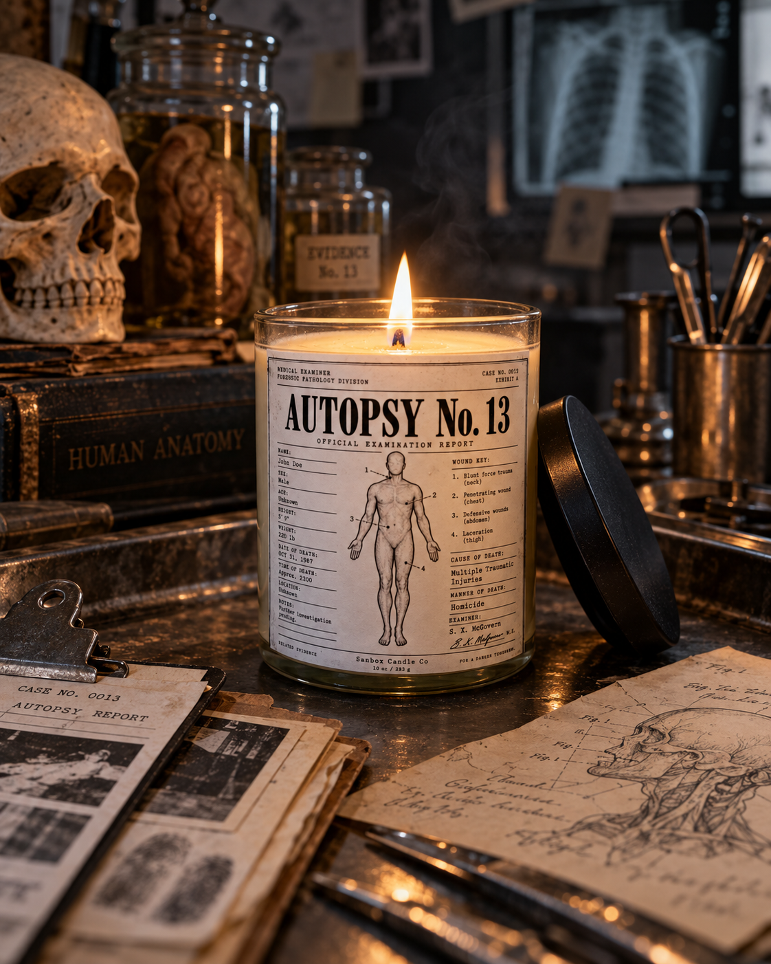 Lit Autopsy No. 13 10 oz soy wax candle in a clear glass jar with a vintage forensic autopsy-report label and anatomical illustration on a stainless-steel examination table.