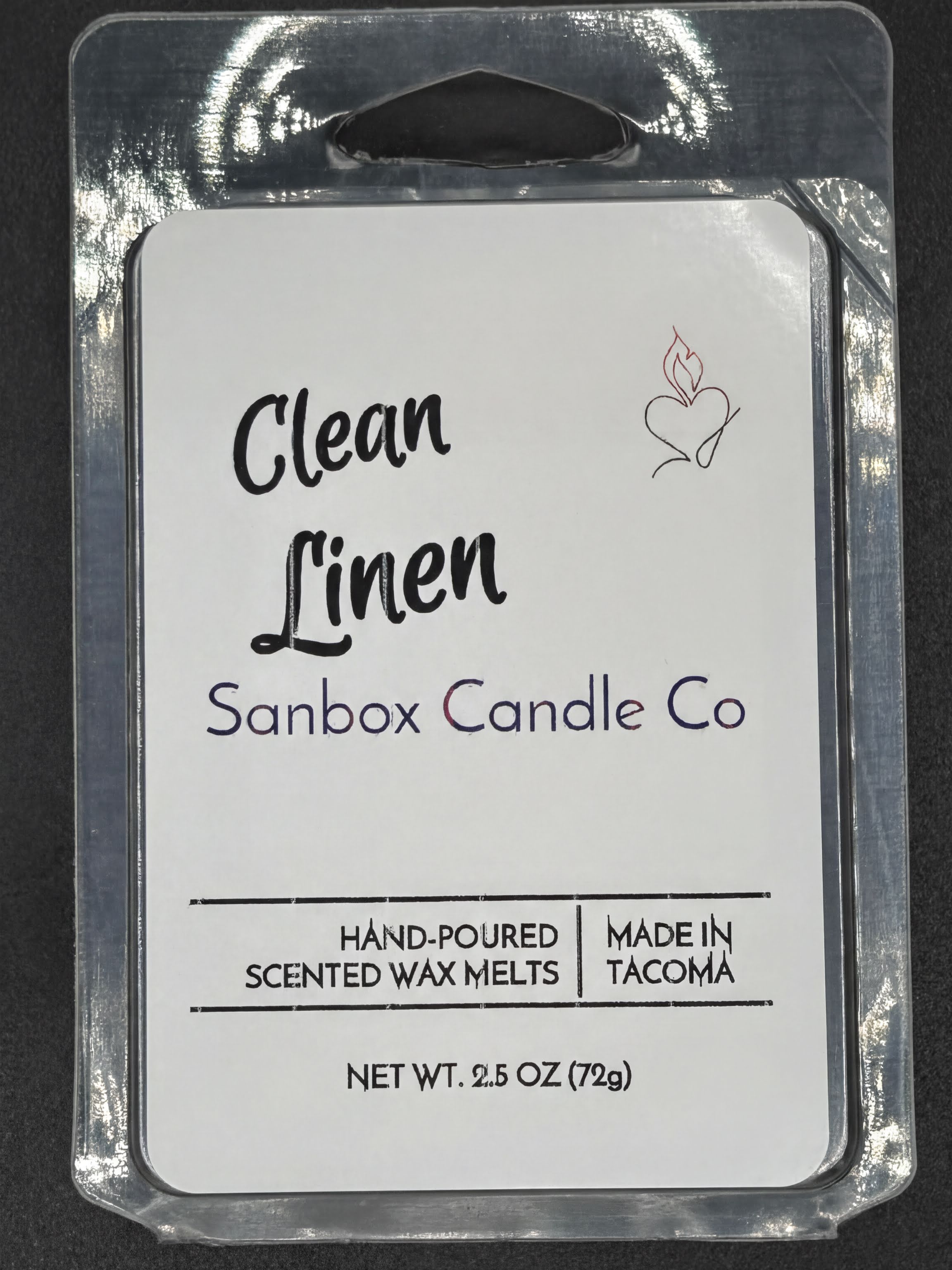 Clean Linen hand-poured scented wax melts package, 2.5oz, made in Tacoma.