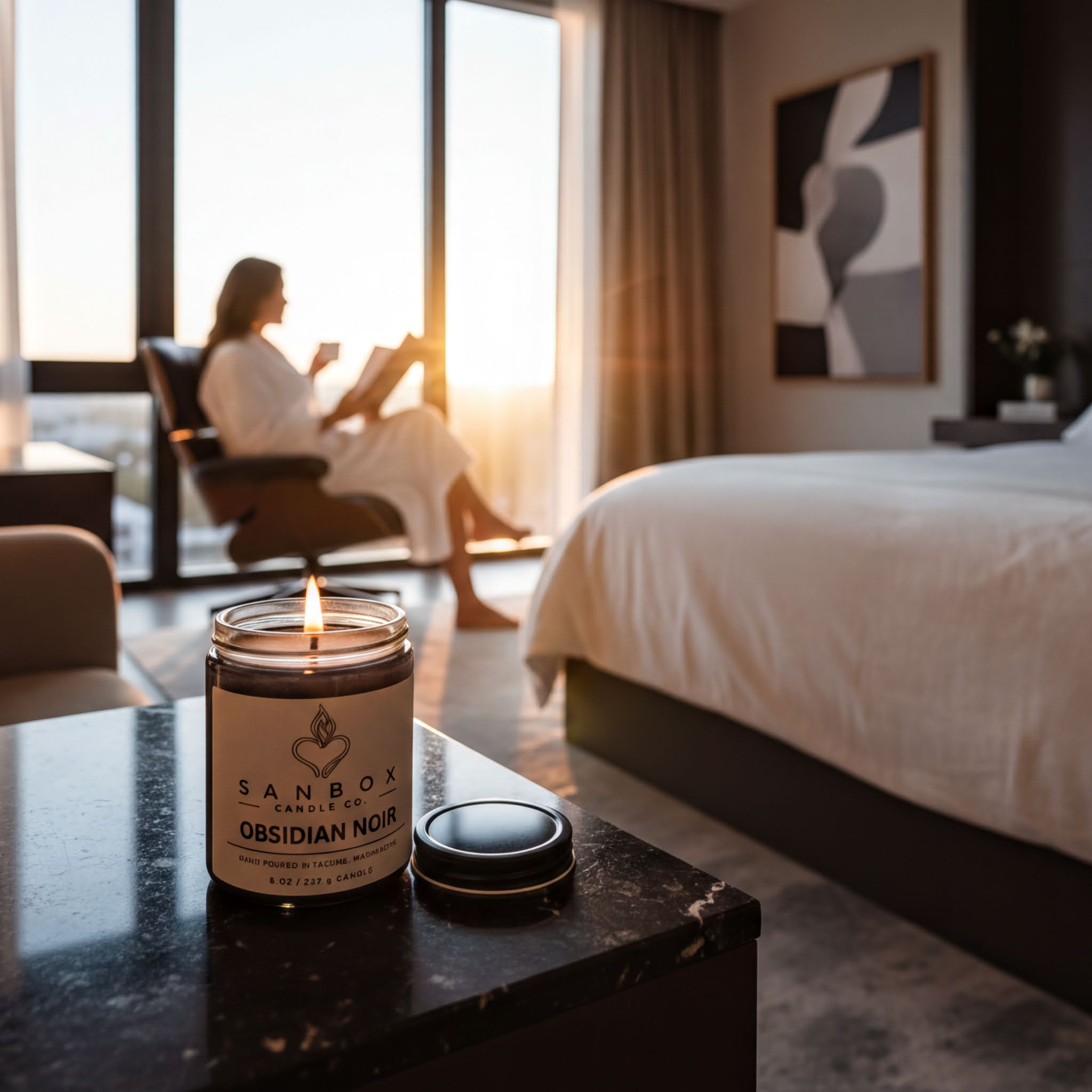 a bedroom scene with a candle on a marble countertop, a person sitting in a chair, and a large window overlooking the city.