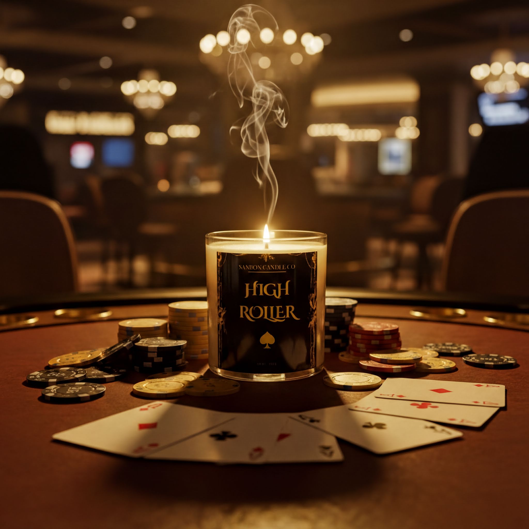 A lit candle labeled "High Roller" sits on a table surrounded by poker chips and playing cards, with smoke rising from the candle.